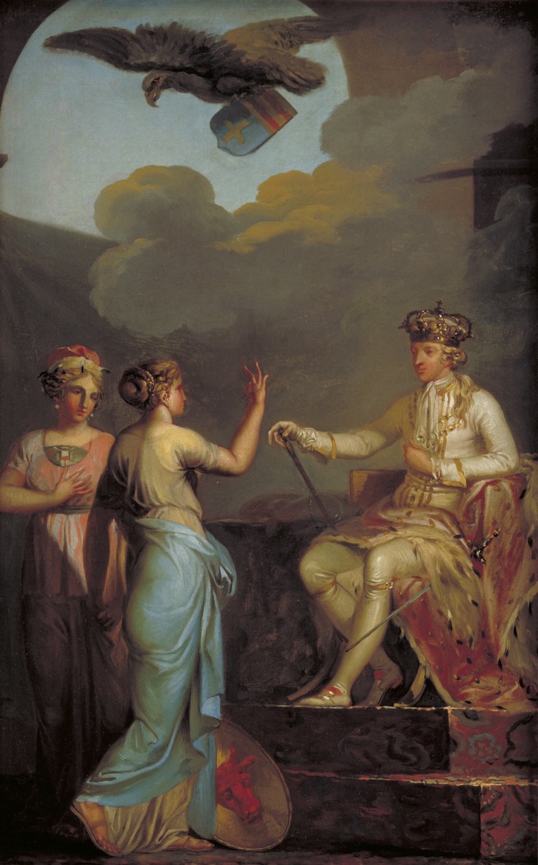 Christian VII. vereint den herzoglichen mit dem königlichen Teil von Holstein im Jahr 1773 von Nicolai Abildgaard