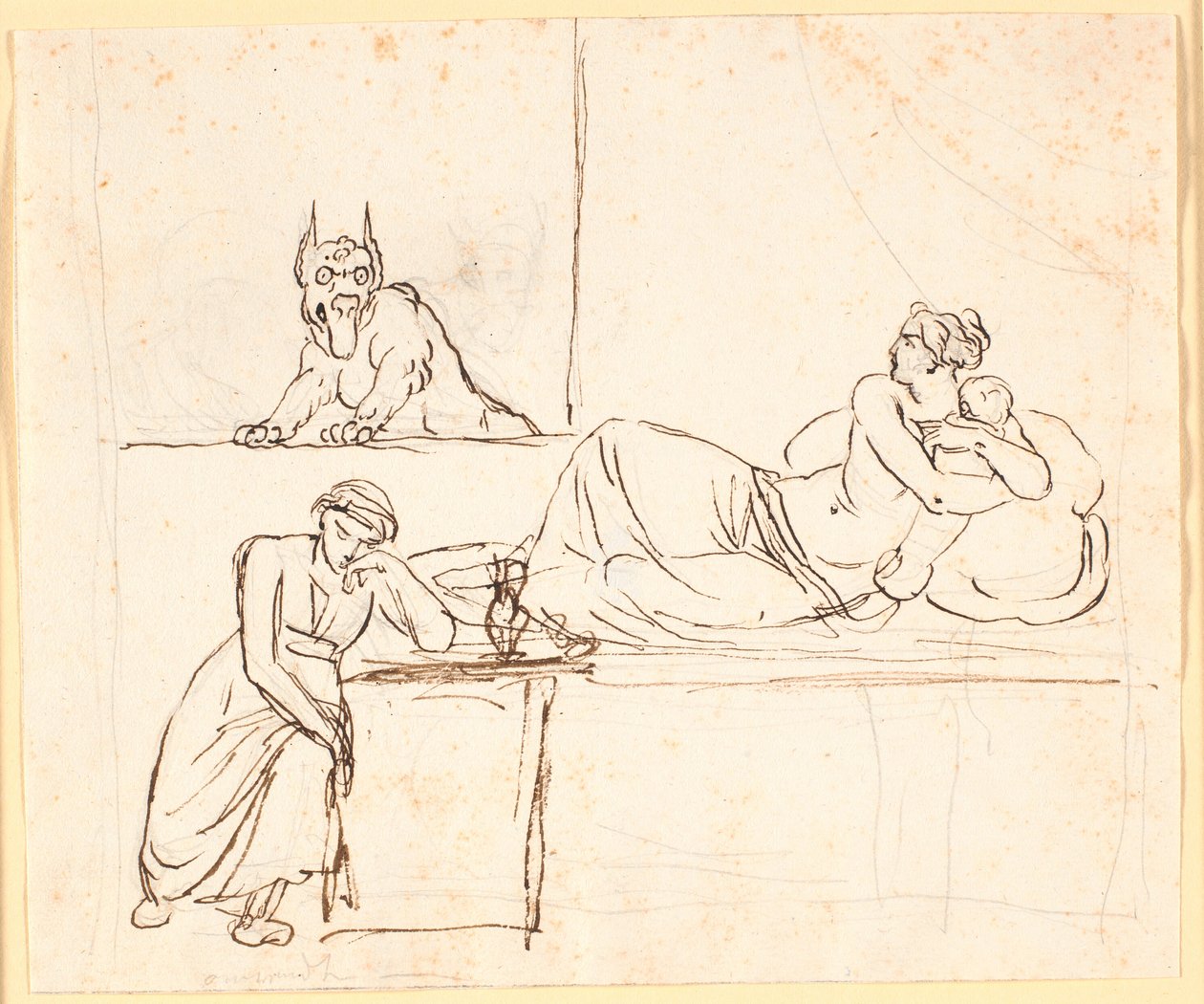 Eine Frau, die mit einem Säugling auf einem Bett liegt, sieht ein Ungeheuer im Fenster erscheinen. Am Fußende des Bettes sitzt eine schlafende Frau von Nicolai Abildgaard