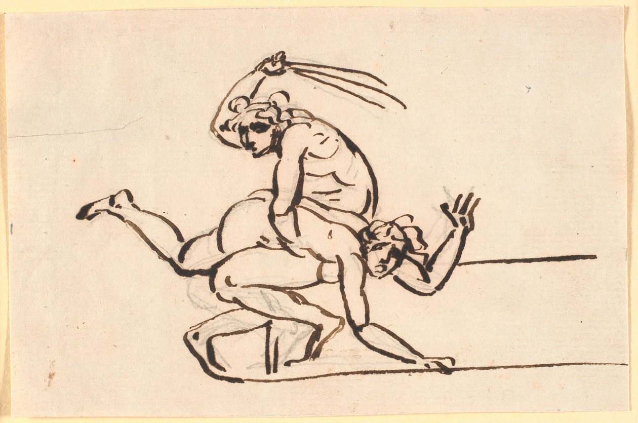Eine sitzende nackte Figur, die eine Rute gegen das nackte Gesäß einer Frau schwingt von Nicolai Abildgaard