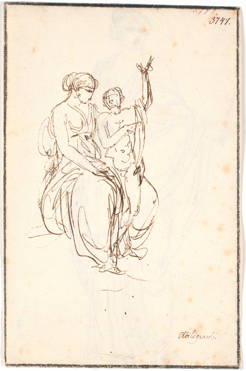 Sitzende junge Frau mit einem stehenden nackten Jungen, der einen Arm in die Luft streckt von Nicolai Abildgaard