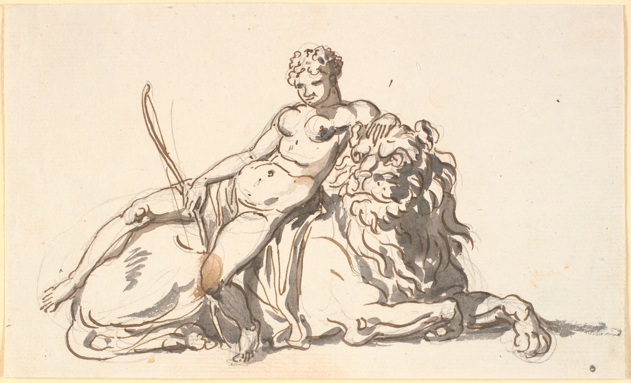 Eine schwarze Frau, die auf einem Löwen ruht. Allegorie auf Afrika von Nicolai Abildgaard