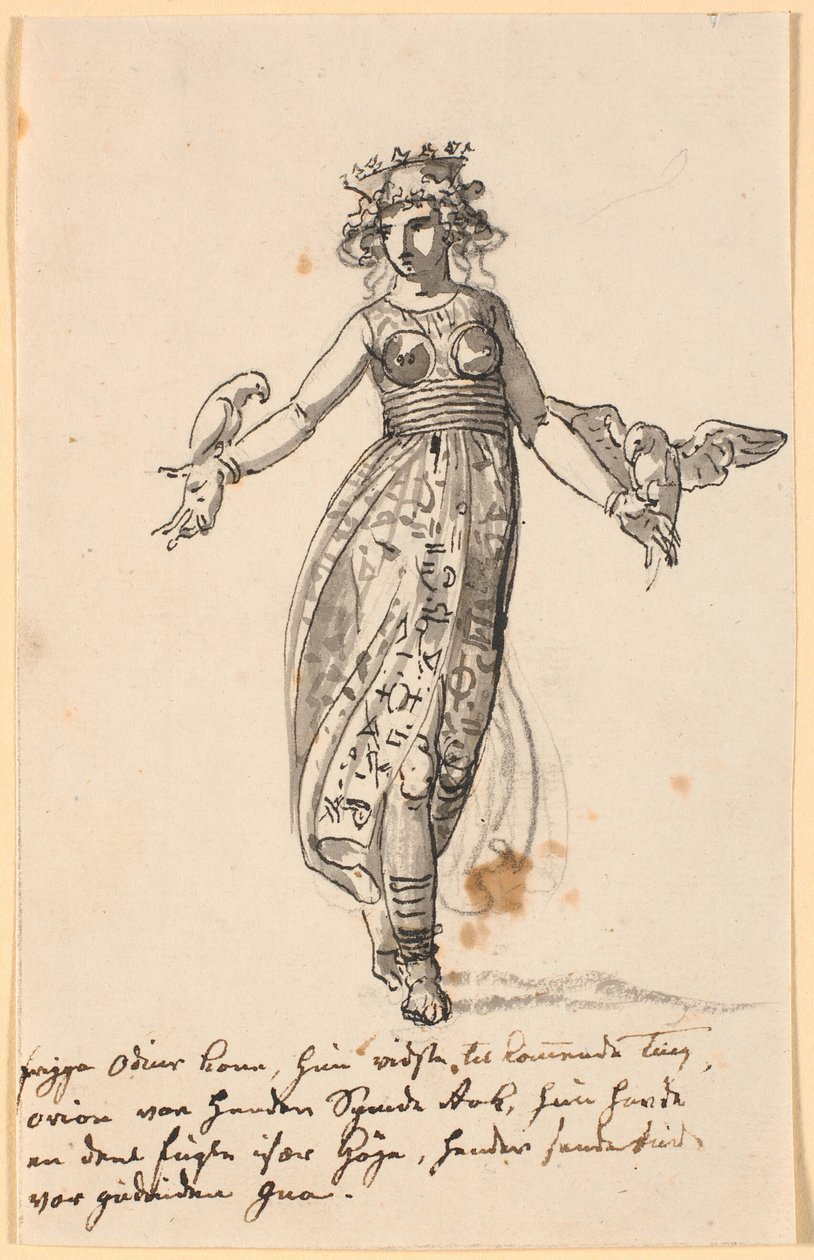 Frigga, gehend, mit einem Paar Falken auf den ausgestreckten Armen. Sowie einige Zeilen mit Notizen des Künstlers von Nicolai Abildgaard