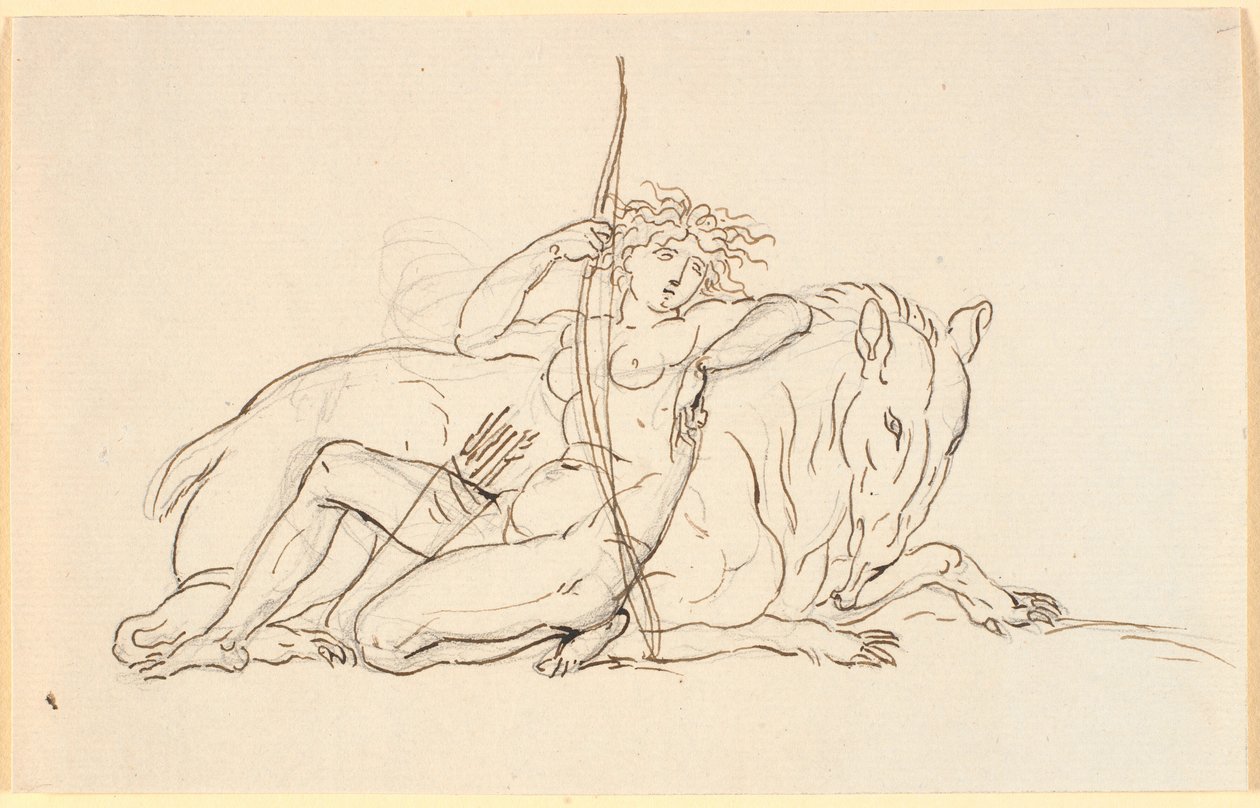 Frauenfigur mit Pfeilen und Köcher, sitzend an ein Fantasietier gelehnt (möglicherweise ein Ameisenbär). Allegorie auf Amerika von Nicolai Abildgaard