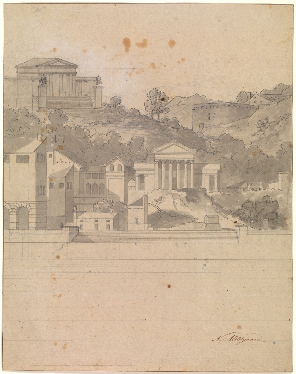 Landschaft mit antiken Gebäuden. Dekorationsentwurf von Nicolai Abildgaard