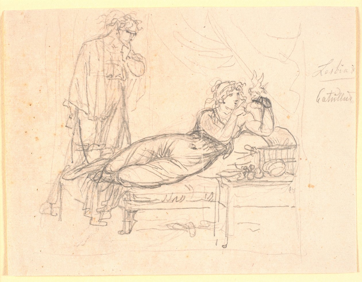 Lesbia und Catullus. Lesbia liegt und hält einen Vogel in der linken Hand. Catullus steht dahinter von Nicolai Abildgaard