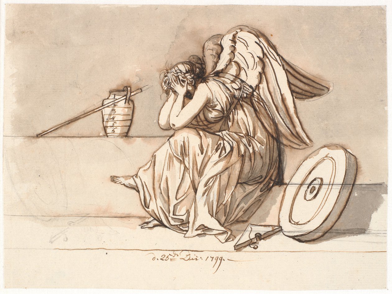 Nemesis bedeckt ihre Augen in Trauer. Allegorie auf P.A. Heibergs Verbannung von Nicolai Abildgaard
