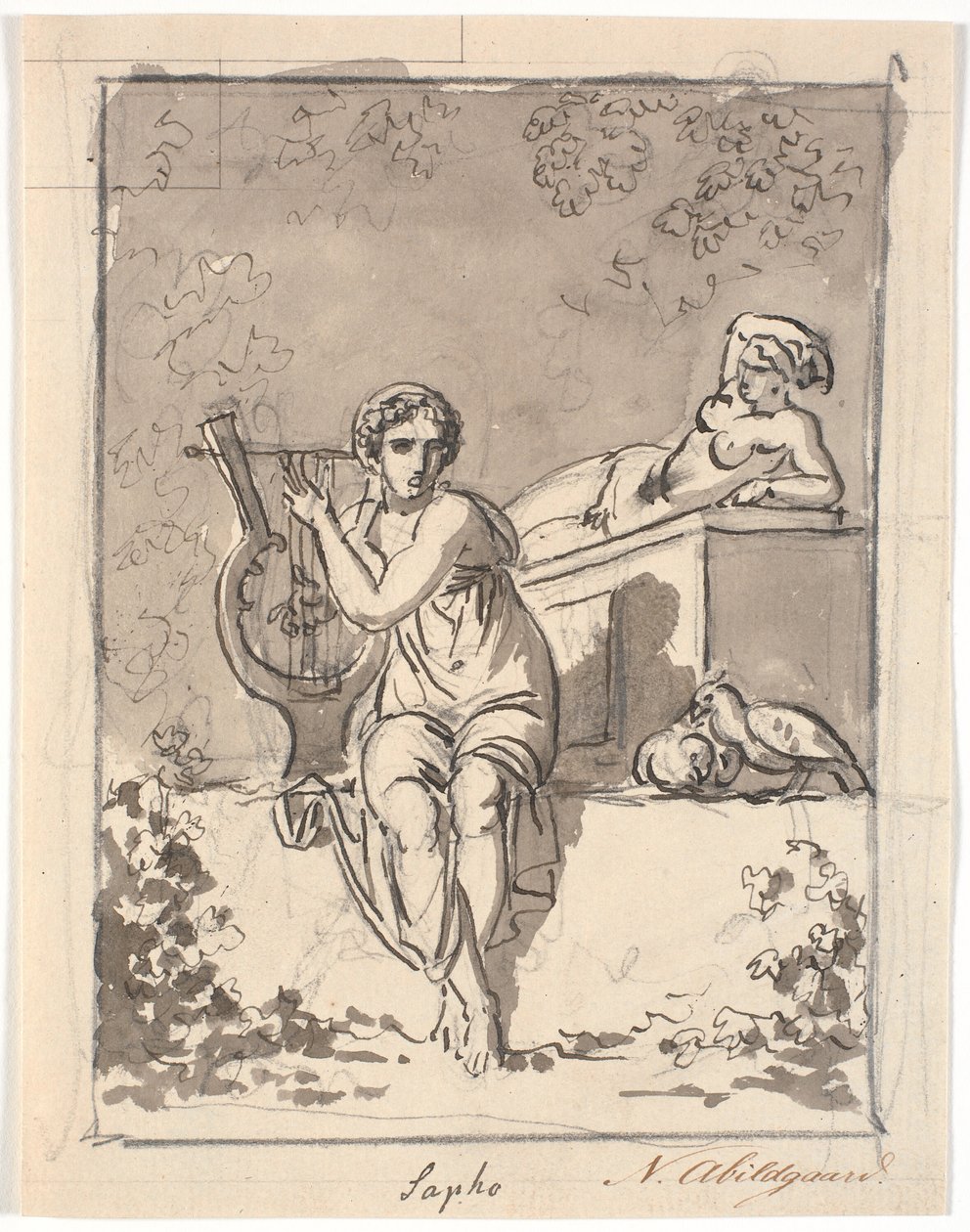 Sappho, sitzend mit ihrer Lyra, im Hintergrund ruht ein Hermaphrodit von Nicolai Abildgaard