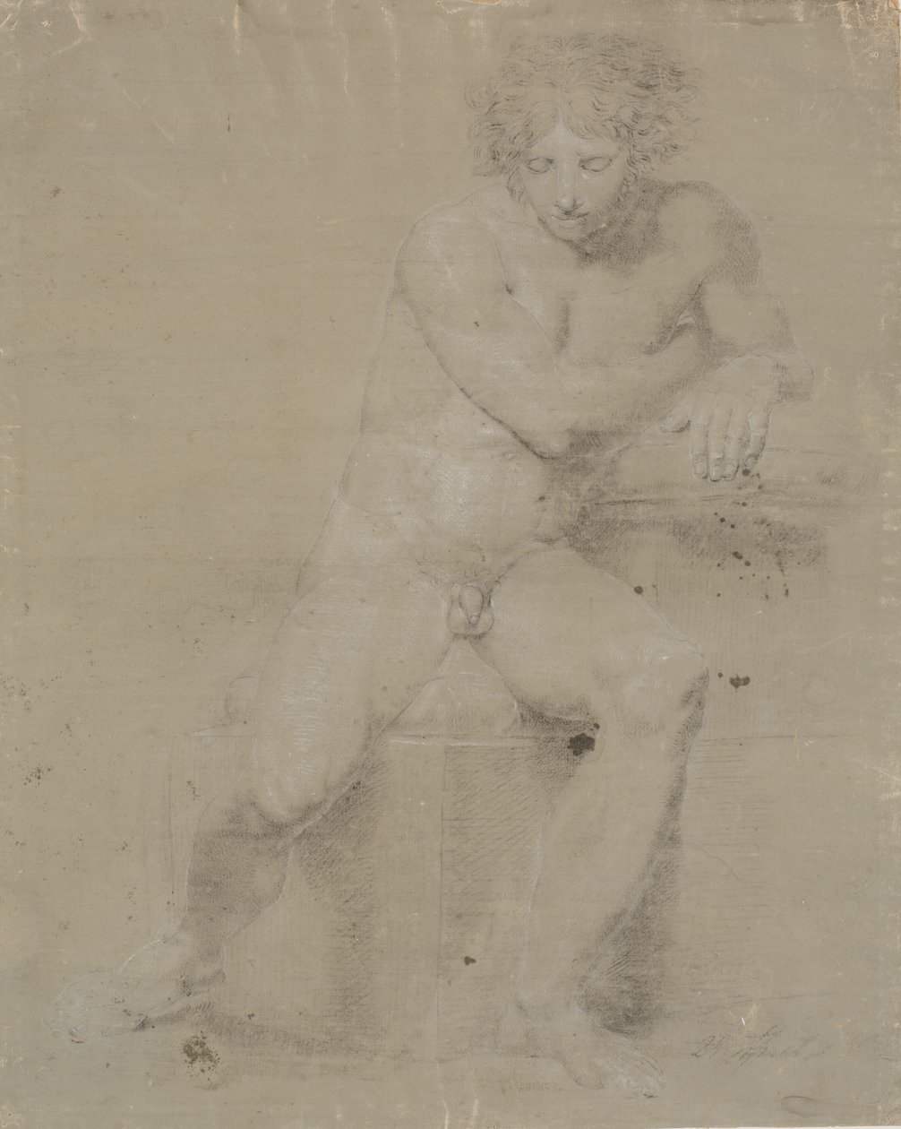 Sitzendes Modell auf Plinthe mit Kissen. Von vorne gesehen. Rechte Hand unter der linken Achselhöhle von Nicolai Abildgaard