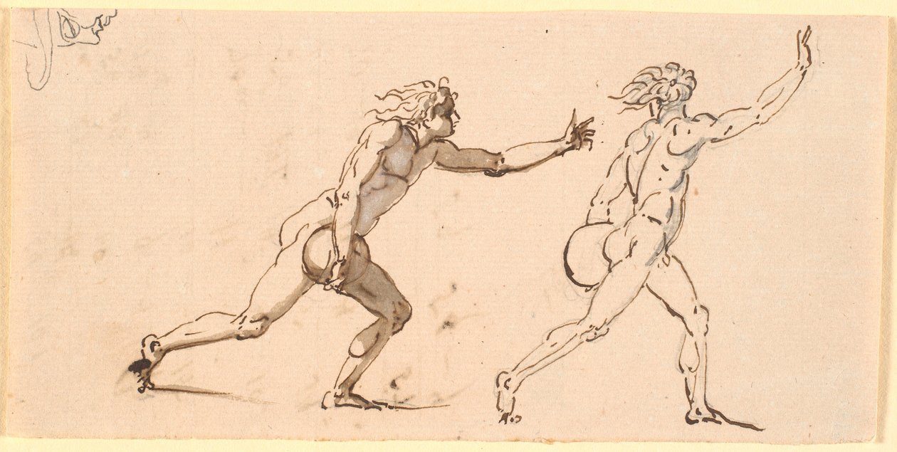 Zwei nackte Männer, nach rechts laufend, jeder mit einem großen Stein in der einen Hand, sowie eine Skizze eines Profils von Nicolai Abildgaard