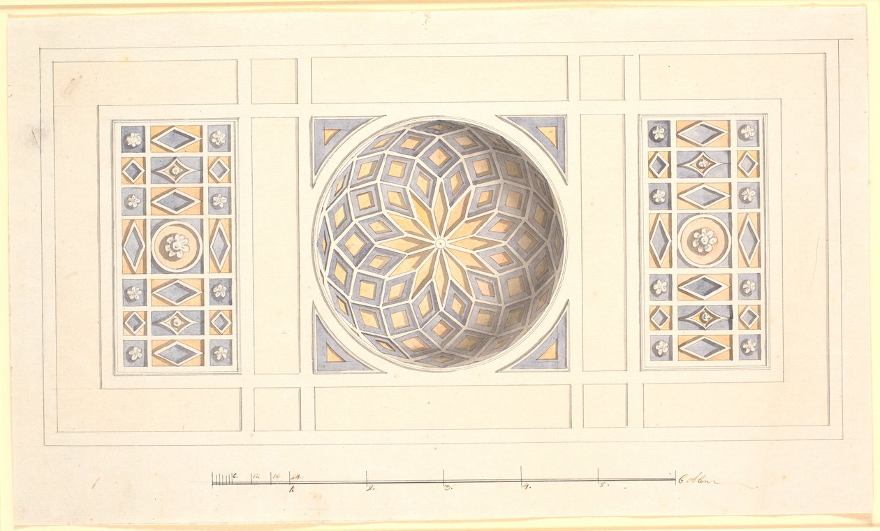 Entwurf für eine Decke mit gewölbtem Mittelteil in Violett und Gelb von Nicolai Abildgaard