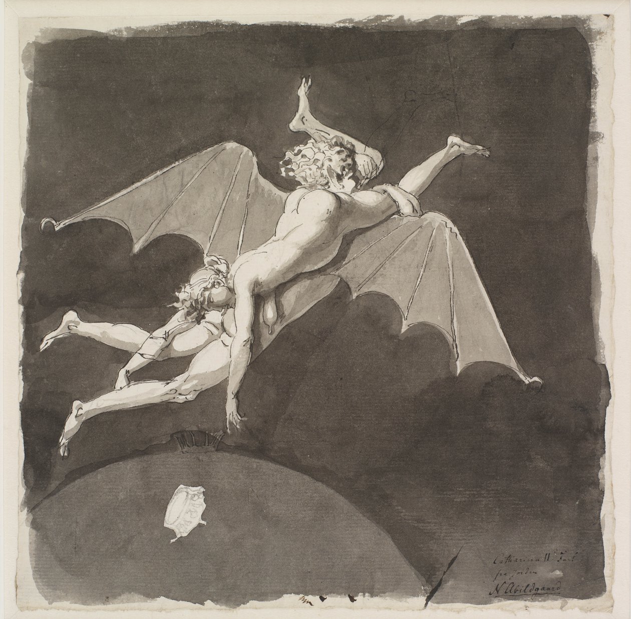 Katharina die Große, nackt, fliegt von der Erde auf dem Rücken eines Mannes mit Fledermausflügeln, 18. Jahrhundert von Nicolai Abraham Abildgaard