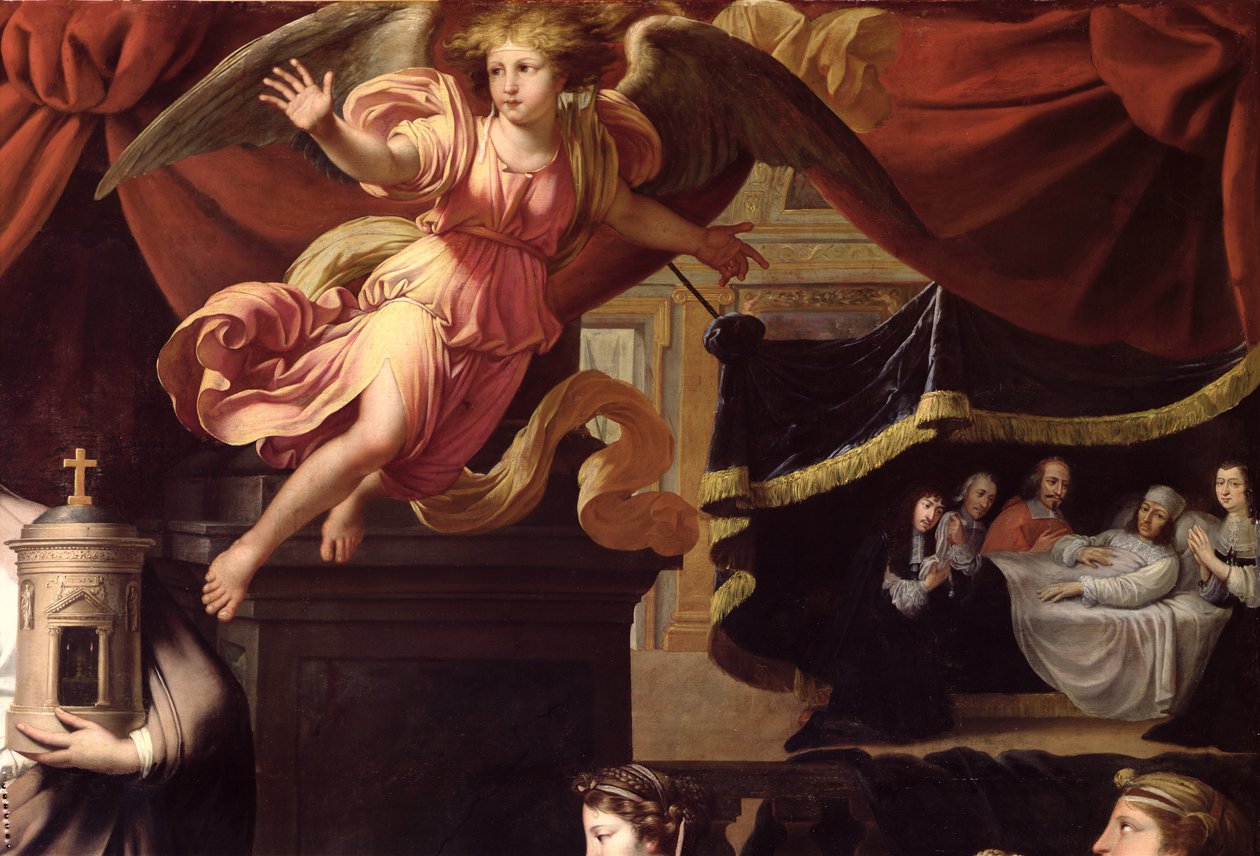 Ex-Voto zur Krankheit von Ludwig XIV. (1638-1715) in Calais, Juli 1658, Detail eines Engels und Ludwig auf seinem Sterbebett von Nicolas Mignard
