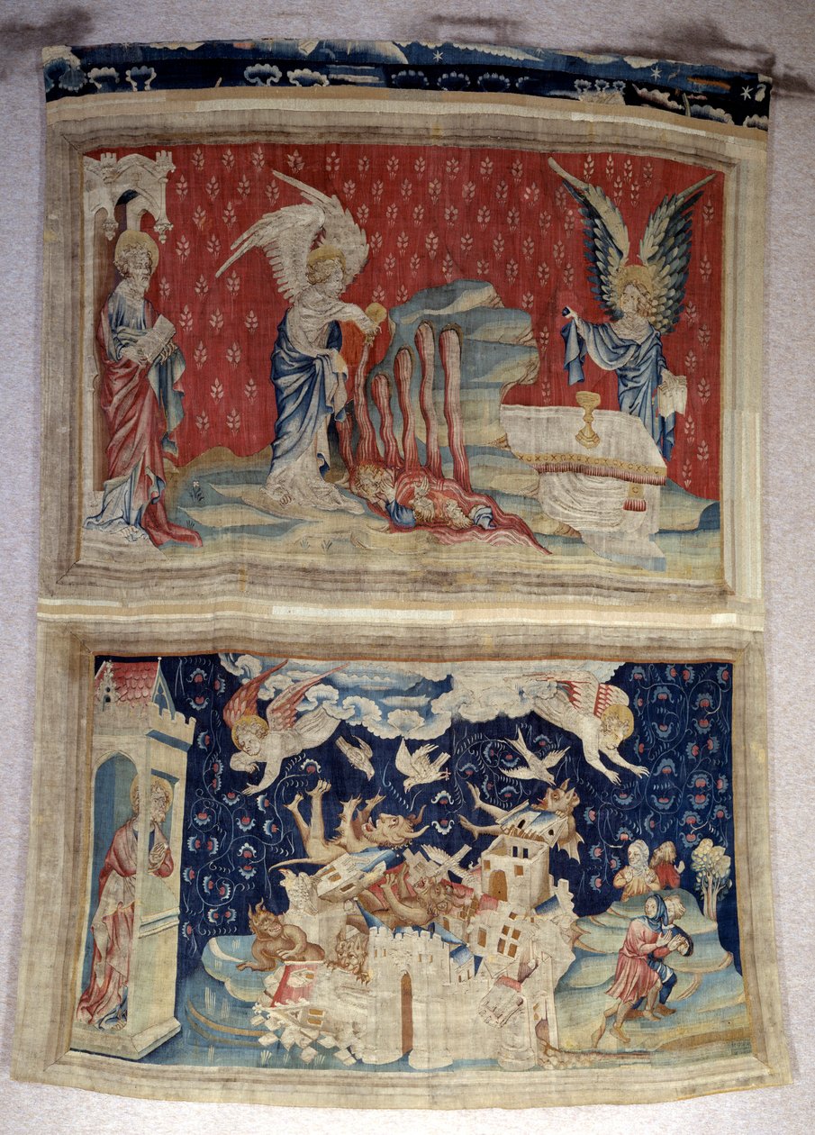 Apokalypse-Wandteppich (1373-1383), Nr. 59: Die zweite und dritte Flasche werden über das Meer und die Gewässer gegossen. Unten, Nr. 66, Babylon wird von Dämonen überfallen. Wandteppich von Nicolas Bataille (1330-1405) von Nicolas Bataille