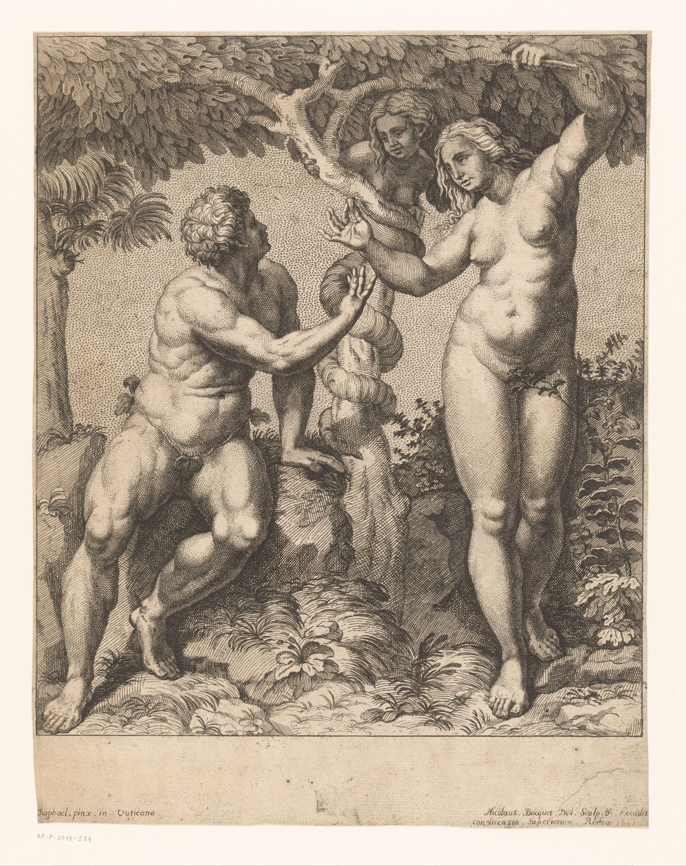 Adam und Eva von der Schlange verführt von Nicolas Bocquet
