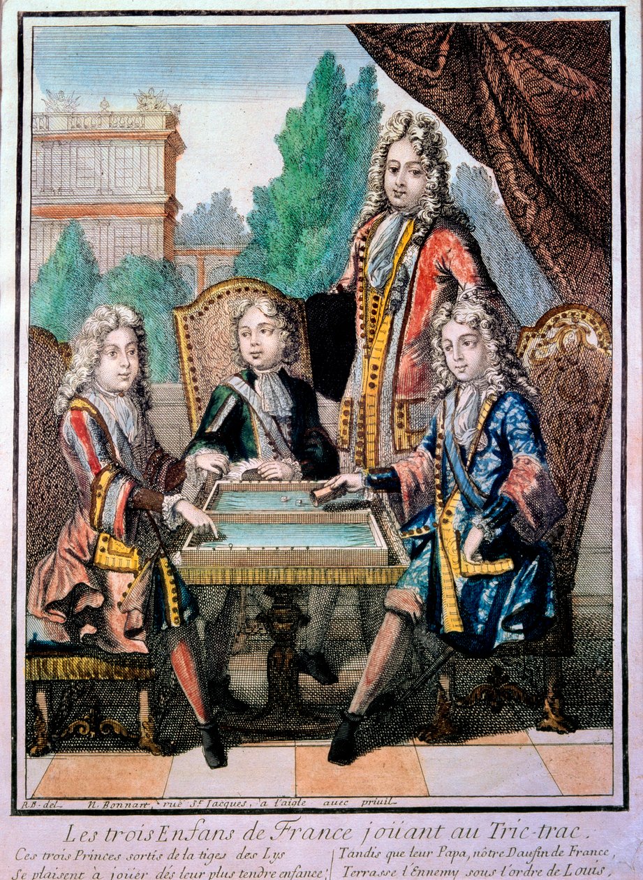 Die Enkel von Ludwig XIV., Louis Herzog von Burgund, Philippe Herzog von Anjou und Charles Herzog von Berry mit ihrem Vater, Louis, Dauphin von Frankreich, beim Trictrac-Spiel von Nicolas Bonnart