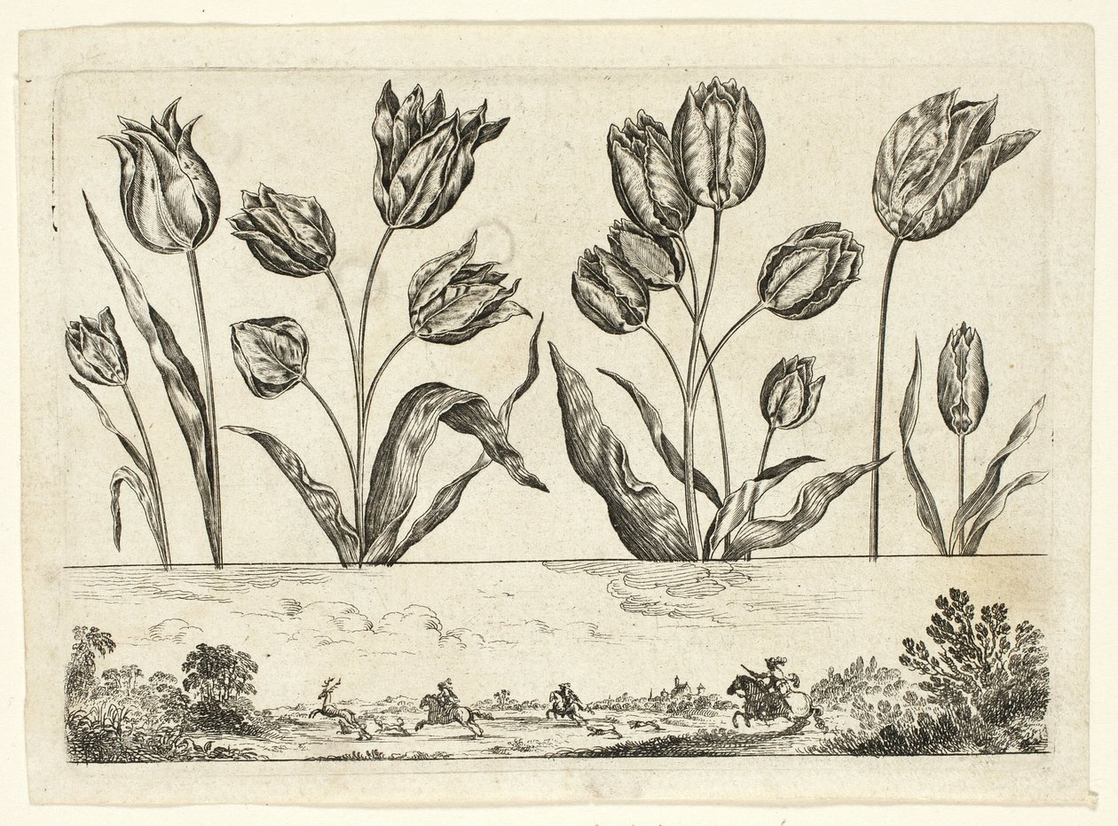 Blumen und Jagdszene, aus Livre Nouveau de Fleurs... von Nicolas Cochin
