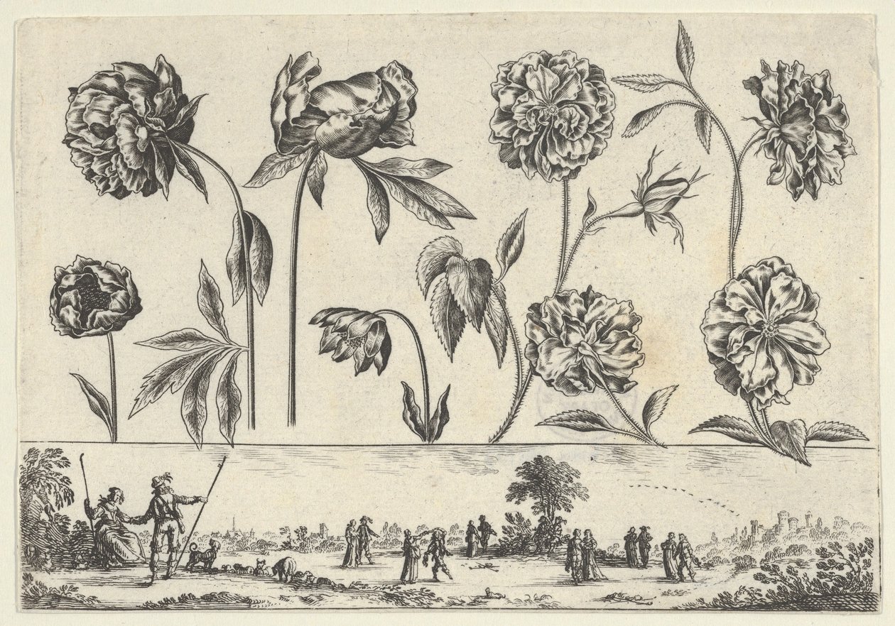 Horizontales Paneel mit einer Reihe von Blumen über einem Fries mit Figuren in einer Landschaft von Nicolas Cochin