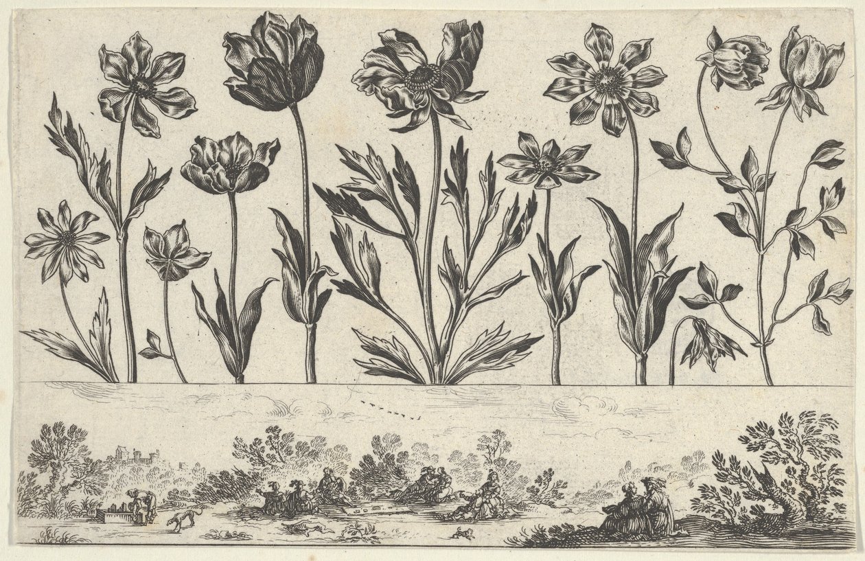 Horizontales Paneel mit einer Reihe von Blumen über einem Fries mit Figuren in einer Landschaft, 1645 von Nicolas Cochin