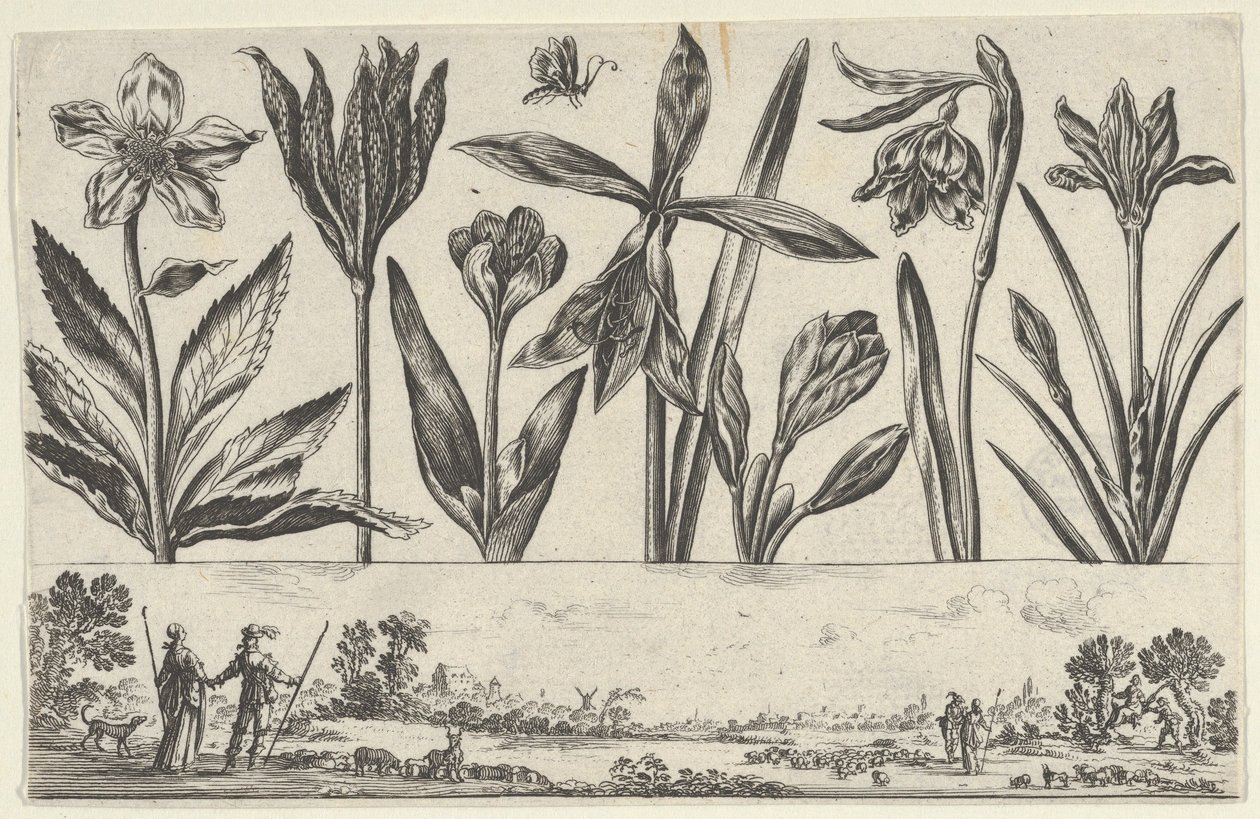 Horizontales Panel mit einer Reihe von Blumen über einem Fries mit Figuren in einer Landschaft von Nicolas Cochin