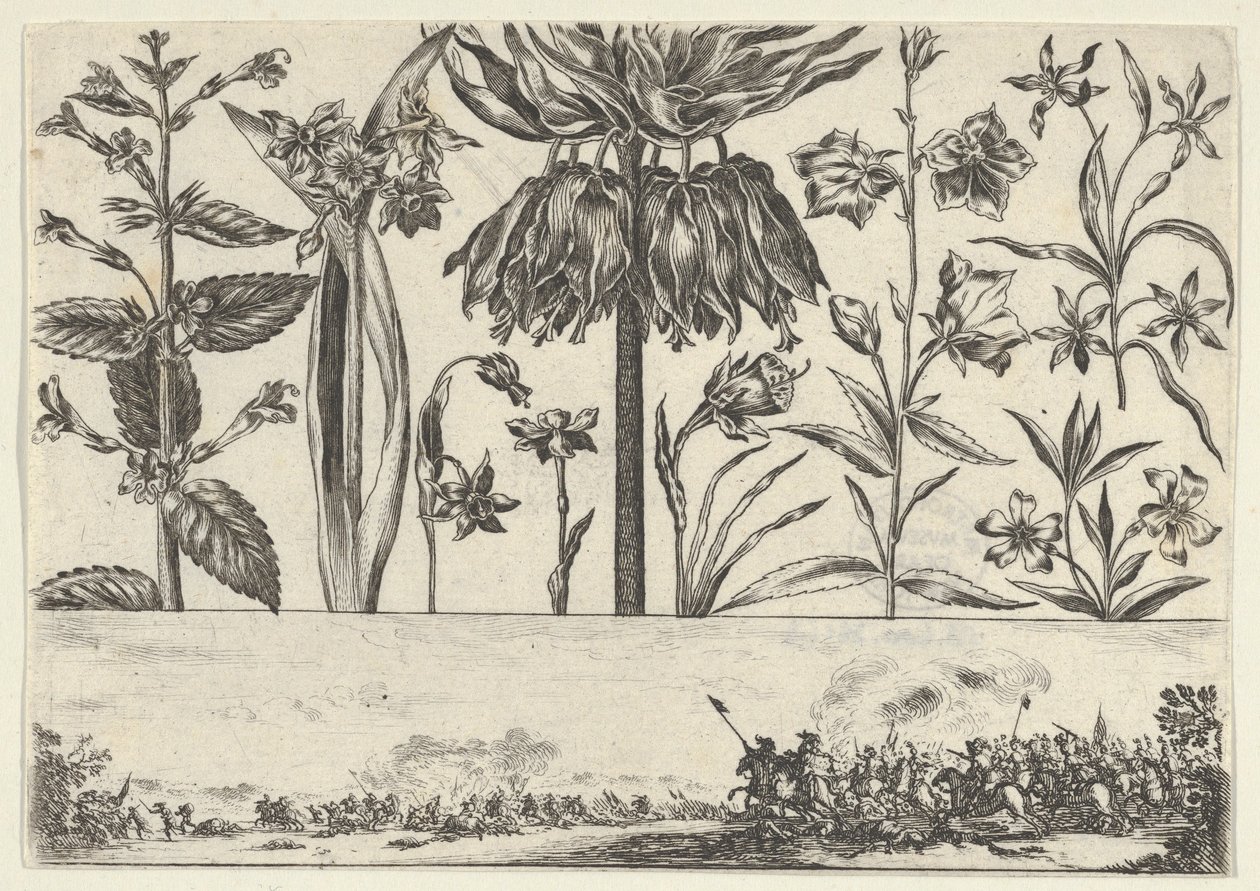Horizontales Paneel mit einer Reihe von Blumen über einem Fries mit einer Kampfszene in einer Landschaft, 1645 von Nicolas Cochin
