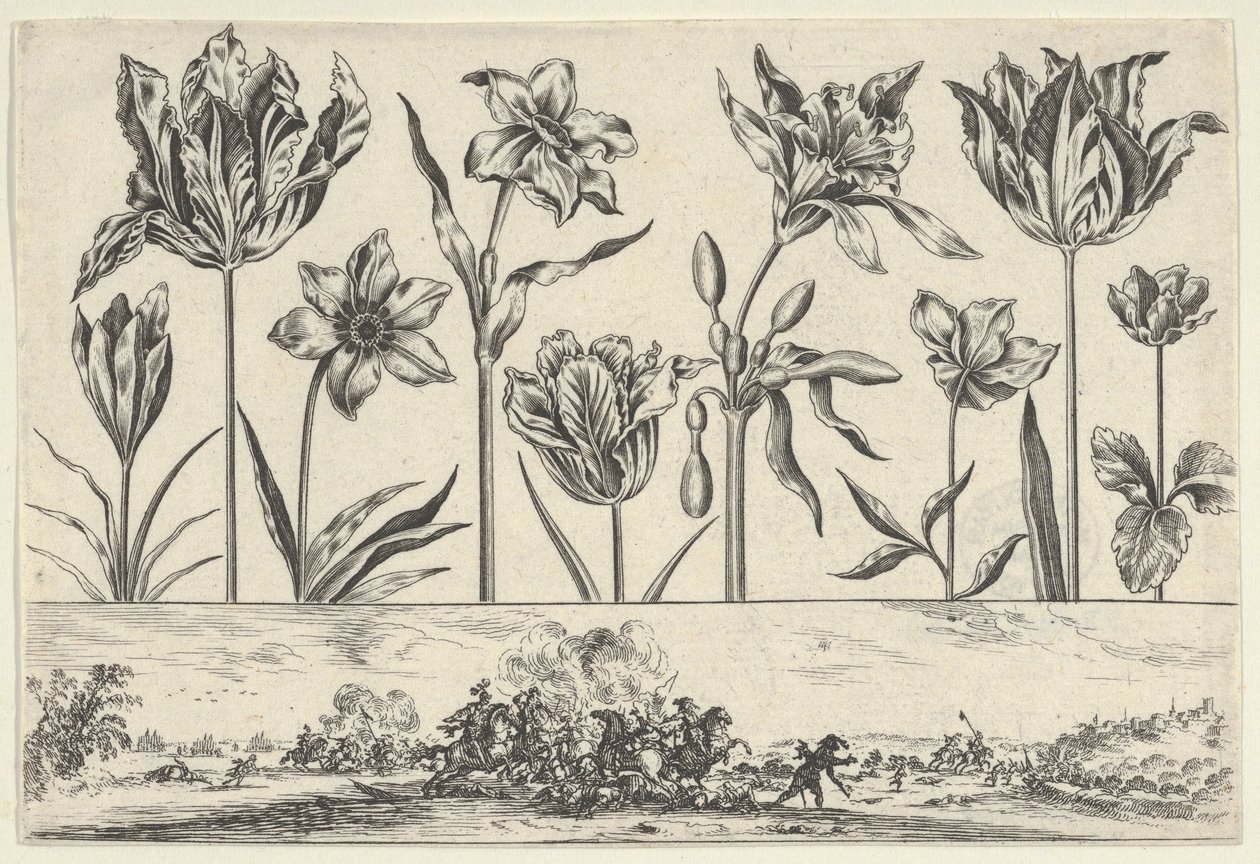 Horizontales Paneel mit einer Reihe von Blumen über einem Fries mit einer Kampfszene in einer Landschaft von Nicolas Cochin