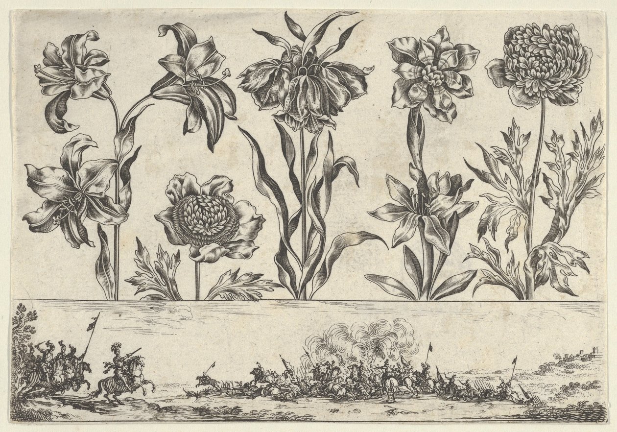 Horizontales Panel mit einer Reihe von Blumen über einem Fries mit einer Kampfszene in einer Landschaft, 1645 von Nicolas Cochin
