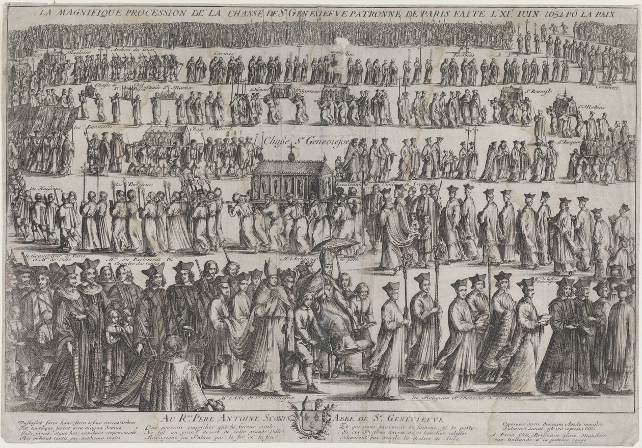 Die Prozession des Sarges der Heiligen Genoveva, mit Klerikern und Laien in sechs Reihen marschierend, 1652 von Nicolas Cochin