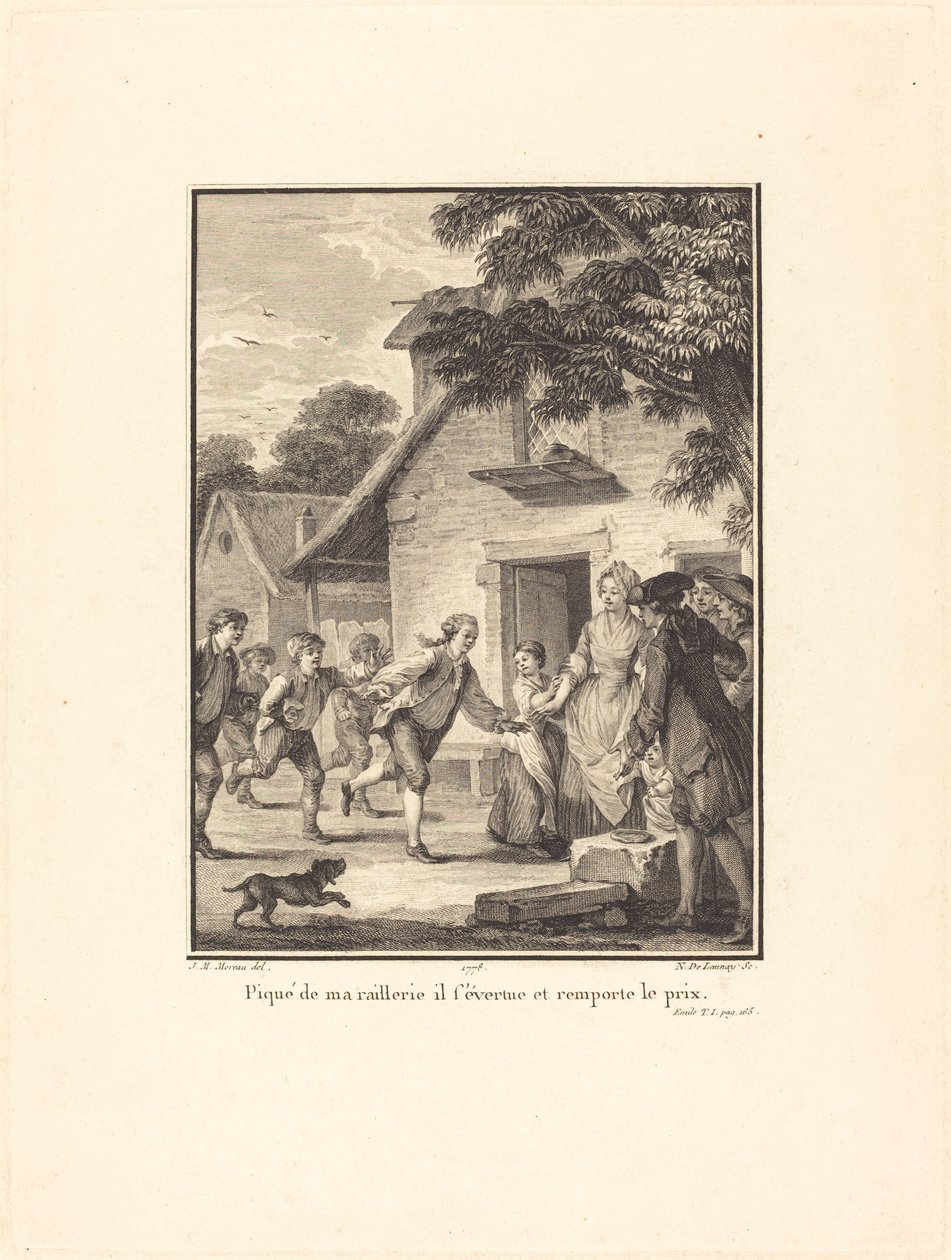 Gepiekst von meinem Spott, bemüht er sich und gewinnt den Preis von Nicolas Delaunay after Jean Michel Moreau