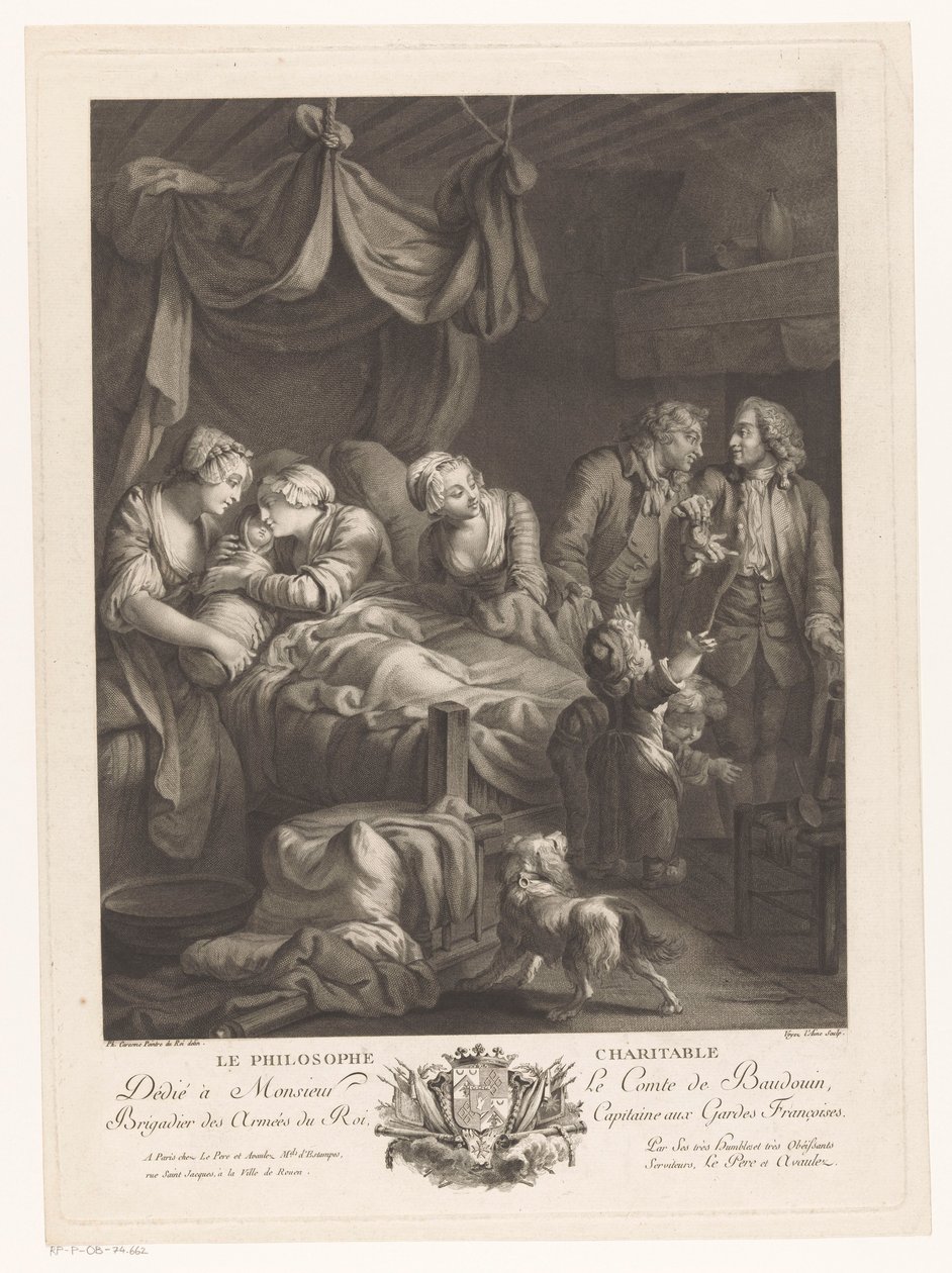 Frau mit Baby in einem Wochenbett, umgeben von anderen Figuren von Nicolas Joseph Voyez