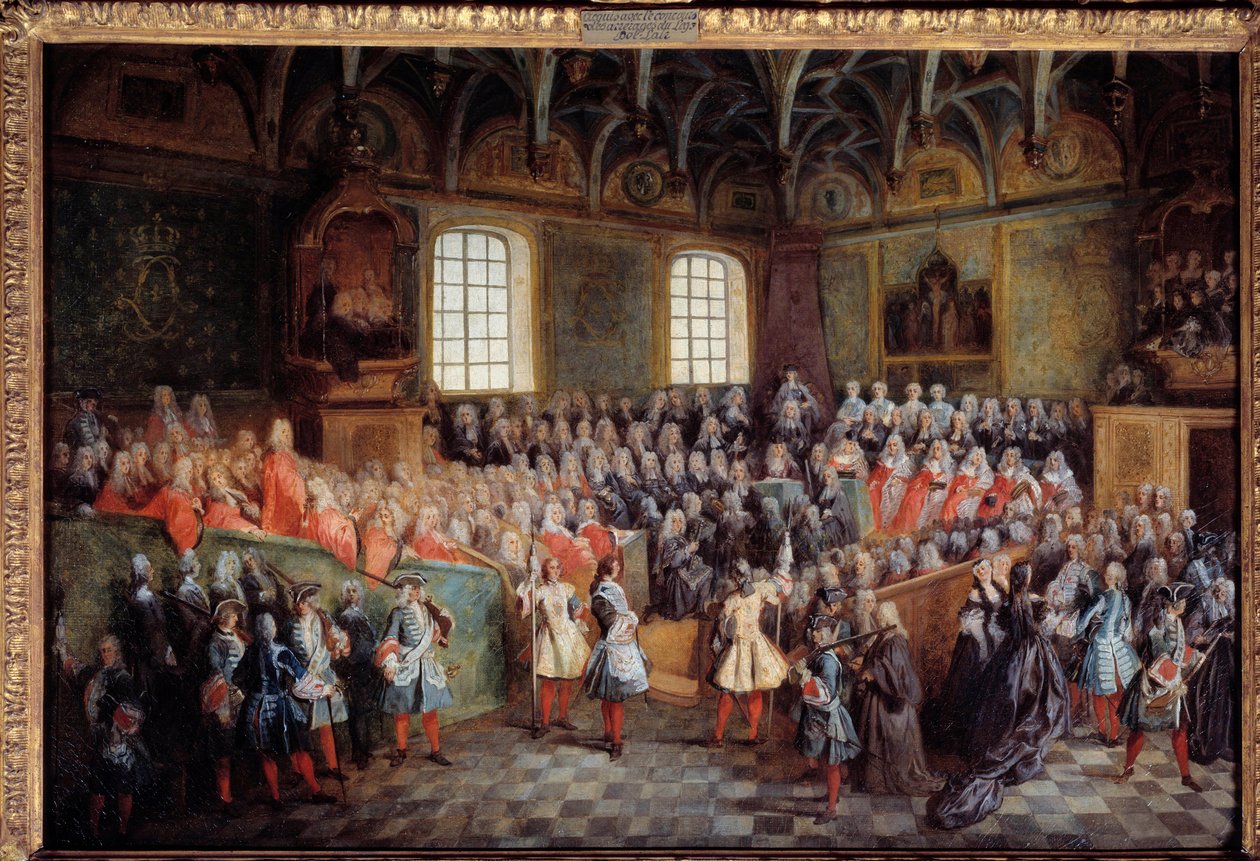 Lit de justice gehalten von der Mehrheit von König Ludwig XV. in der Großen Kammer des Parlaments von Paris am 22. Februar von Nicolas Lancret