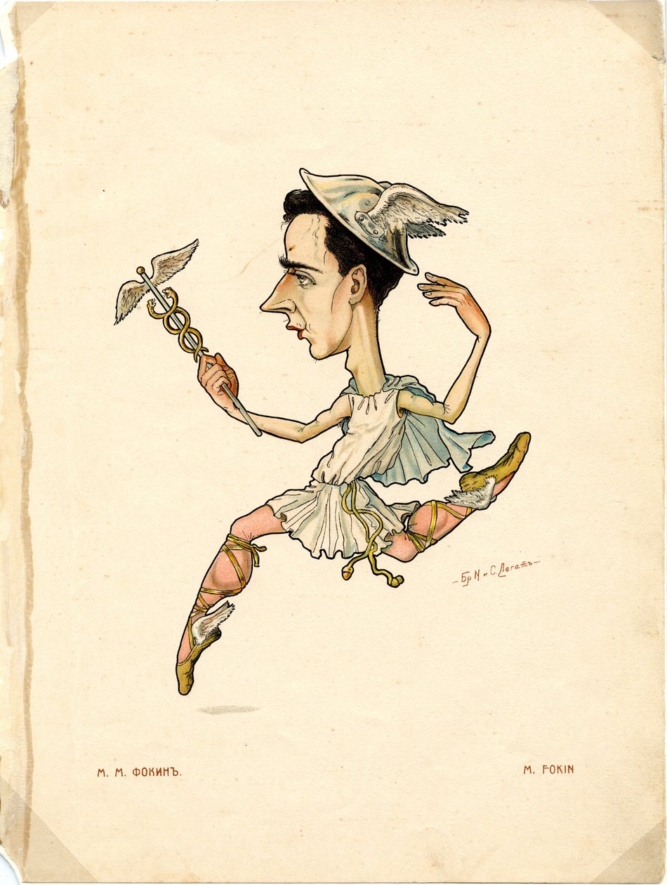 Porträt von Mikhail (Michel) Fokine (1880-1942), russischer Tänzer und Choreograf - Lithografie von Nikolai Gustavovich Legat (1869-1937), aus Ballet russe en caricatures von Nicolas Legat