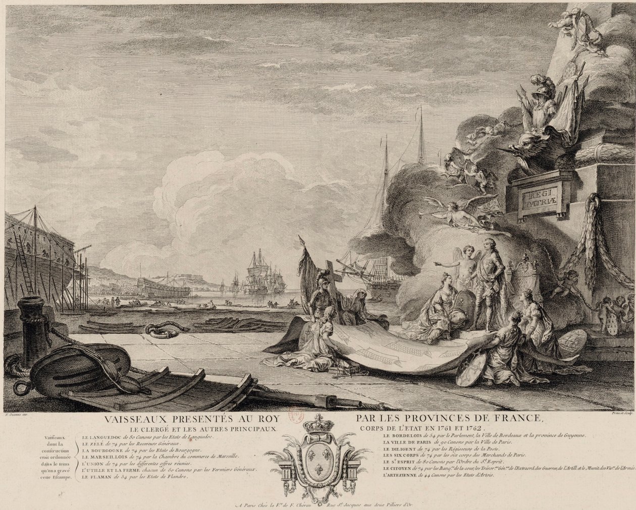 Allegorische Gravur über die Schenkung der Schiffe um 1762 von Nicolas Ozanne