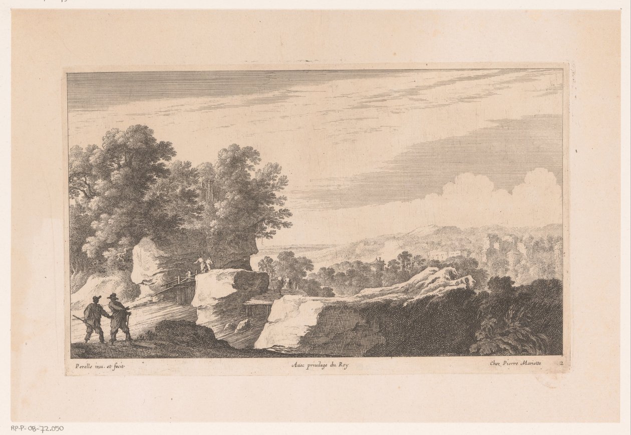 Landschaft mit Brücke über schnell fließenden Fluss von Nicolas Perelle