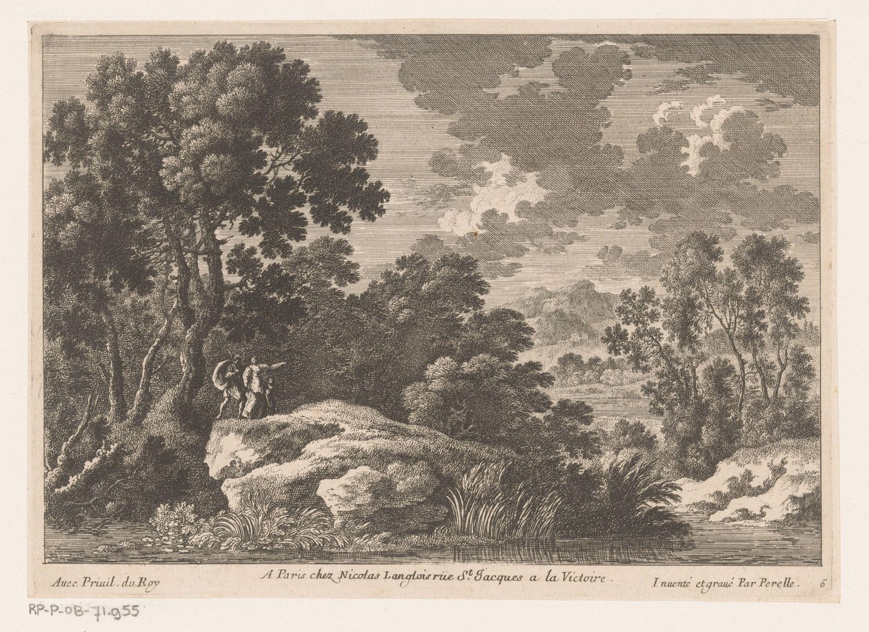 Landschaft mit Mann, Frau und Kind auf Felsen bei einem Teich von Nicolas Perelle
