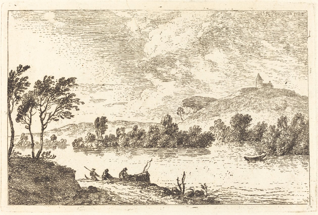 Flusslandschaft mit Figuren und einem Boot am Ufer von Nicolas Perignon