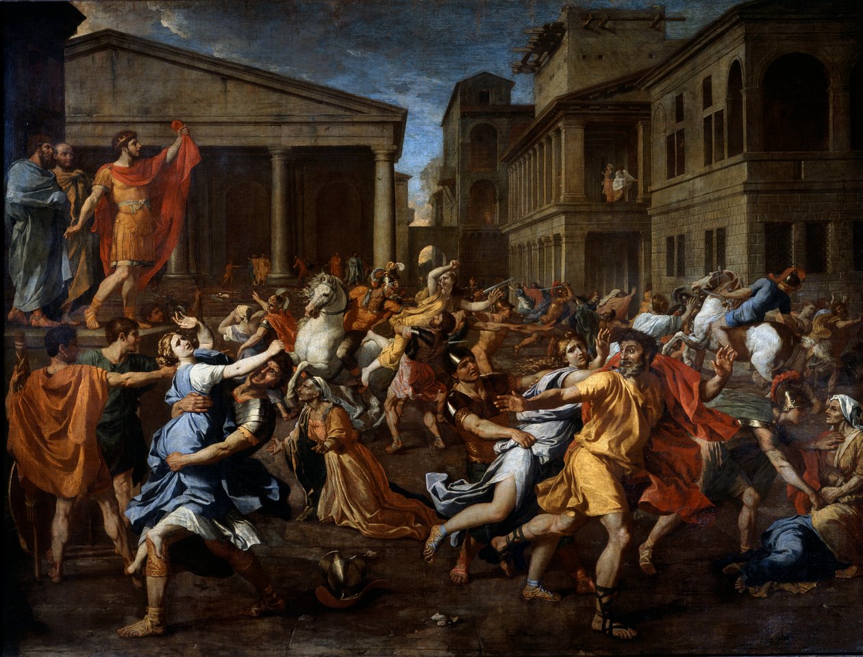Die Entführung der Sabinerinnen durch die Römer. Romulus beobachtet die Szene links. Gemälde von Nicolas Poussin von Nicolas Poussin