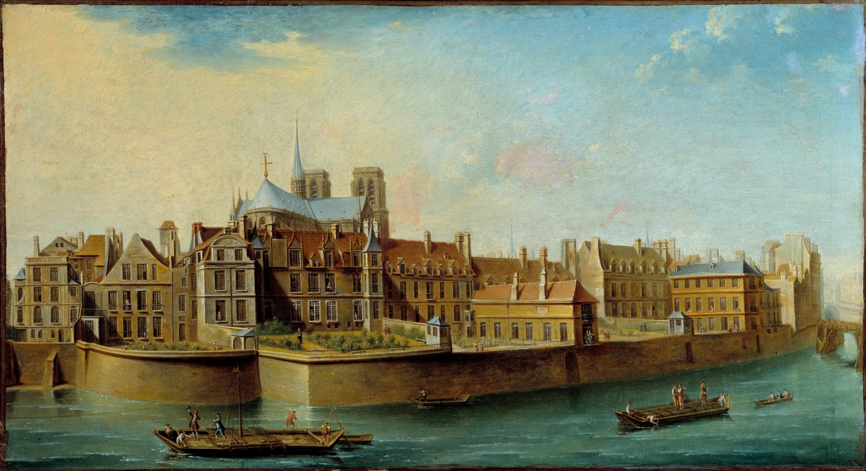 Ansicht der Île de la Cité mit der Apsis der Kathedrale Notre Dame und dem Quai aux Fleurs von der Île Saint Louis in Paris von Nicolas Raguenet