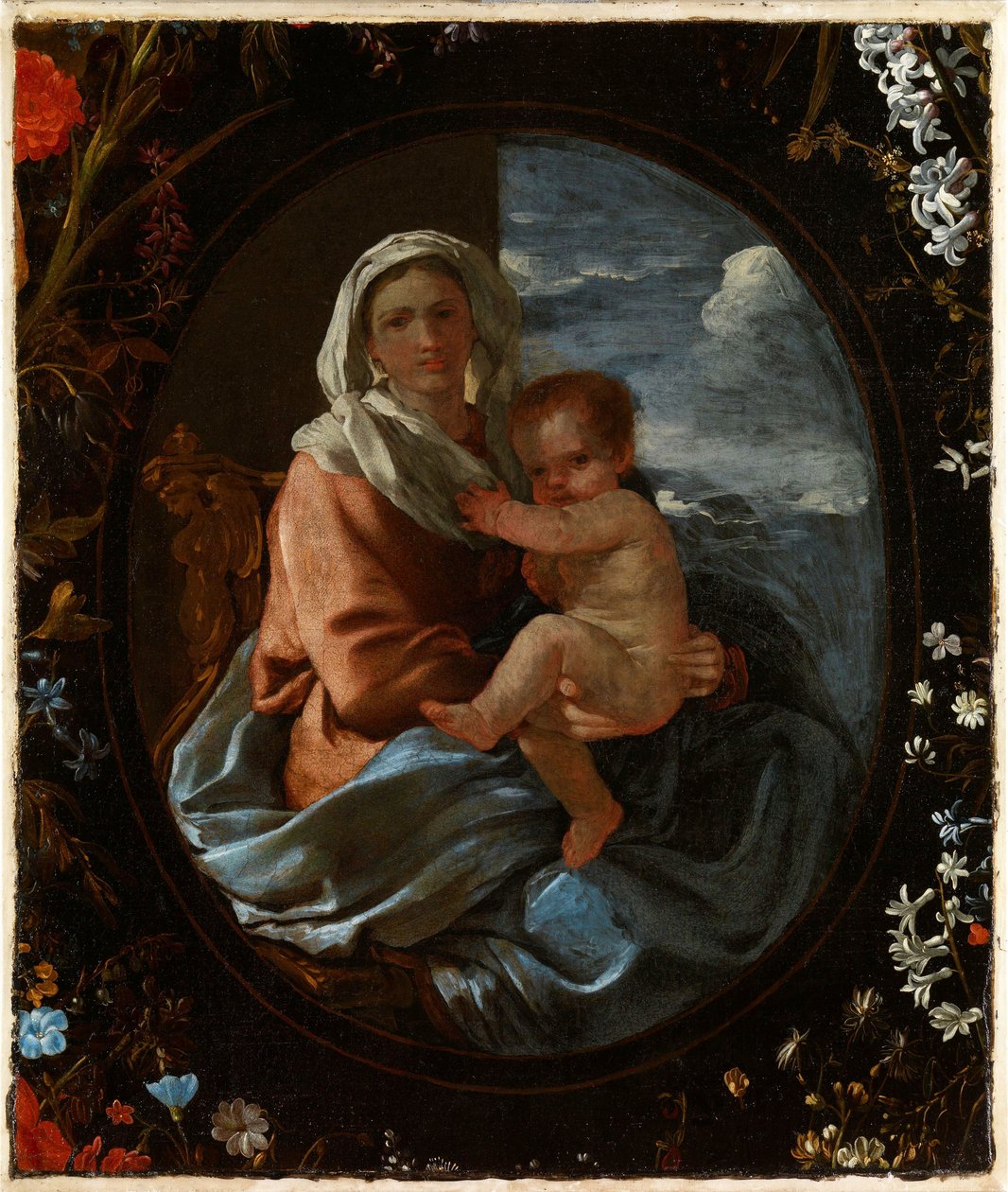 Jungfrau und Kind in einem Blumenkranz von Nicolas & Seghers Daniel (1590–1661) Poussin