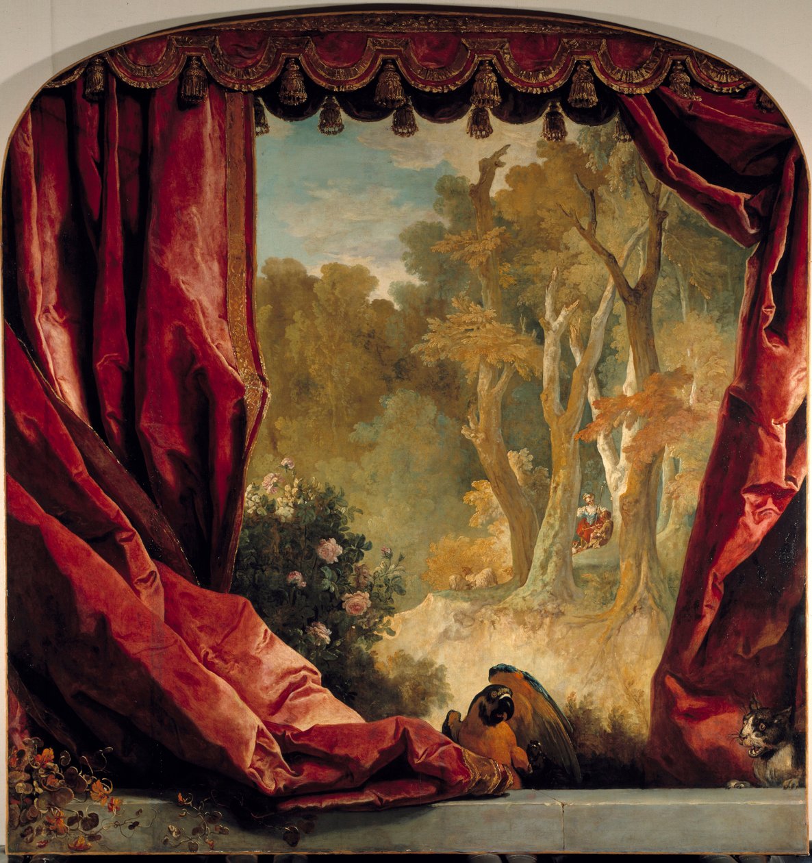 Dekorative Komposition mit Vorhängen, Landschaft und Tieren von Nicolas de Largillière