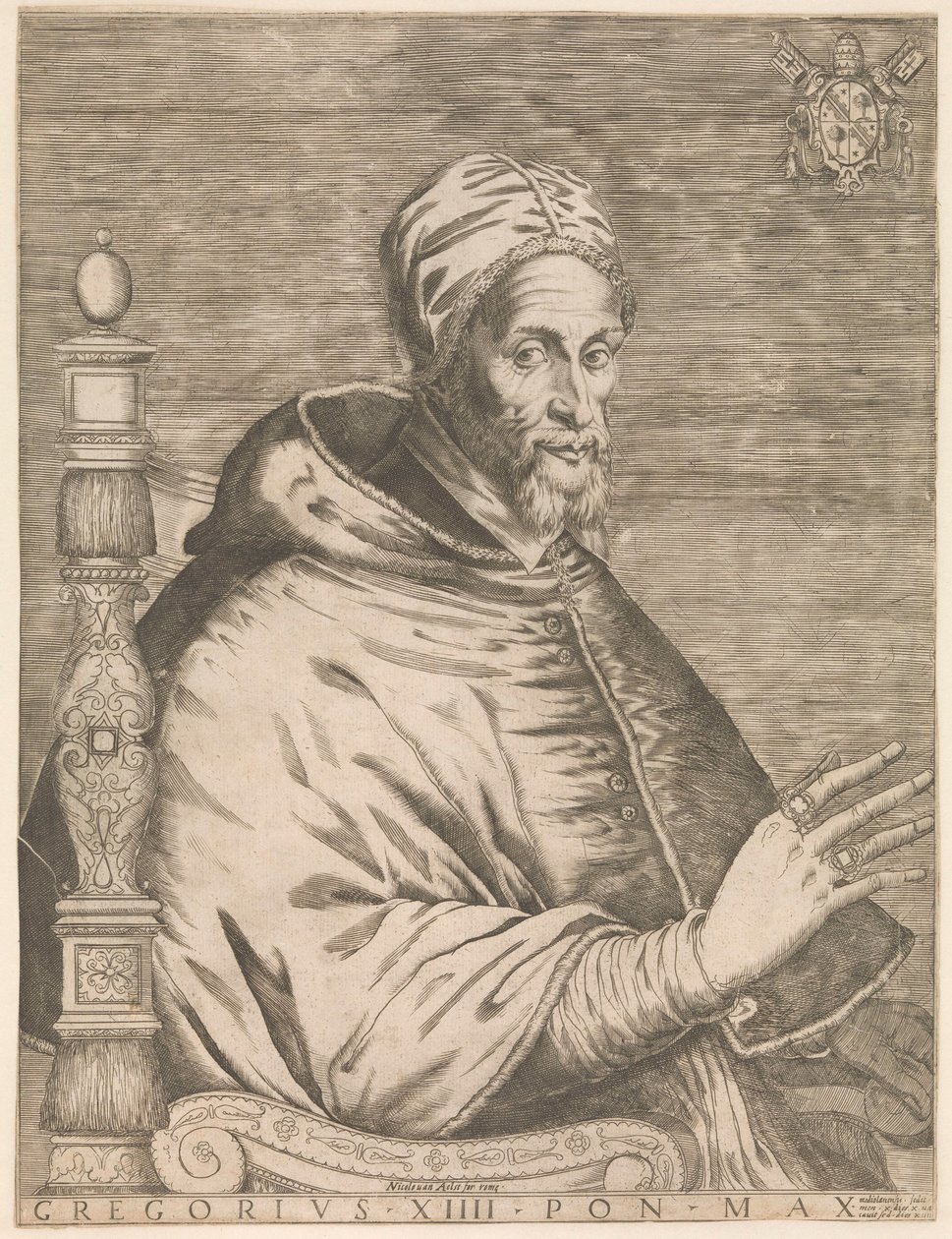 Porträt von Papst Gregor XIV., sitzend Gregorius XIII Pon. Max. (Titel auf Objekt) von Nicolaus van Aelst (attributed to)