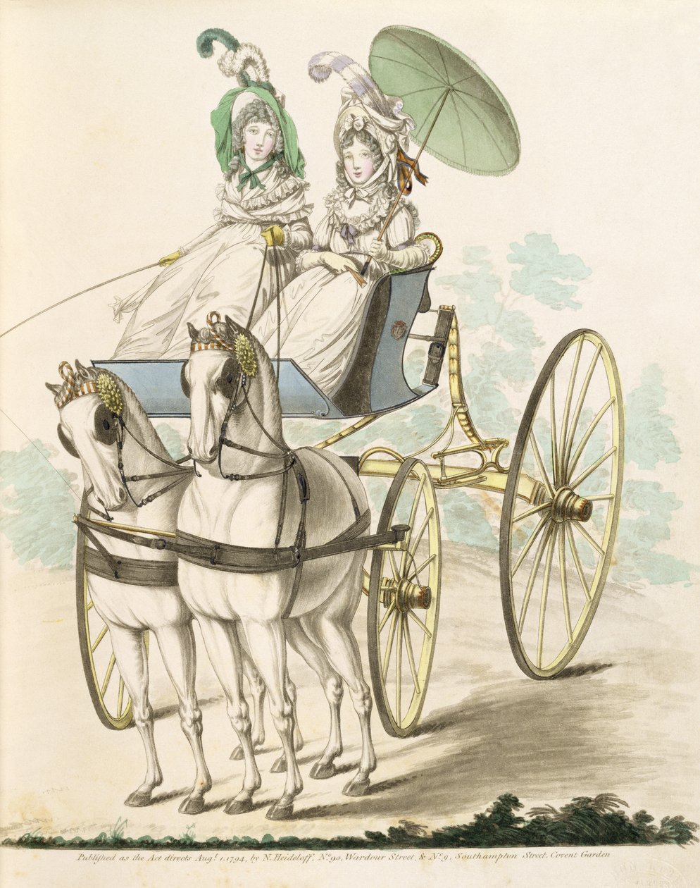 Zwei Damen, en negligee, machen eine Fahrt in einem Phaeton, aus Nikolaus Heideloffs Galerie der Mode, Bd. I, August 1794 von Nicolaus von Heideloff