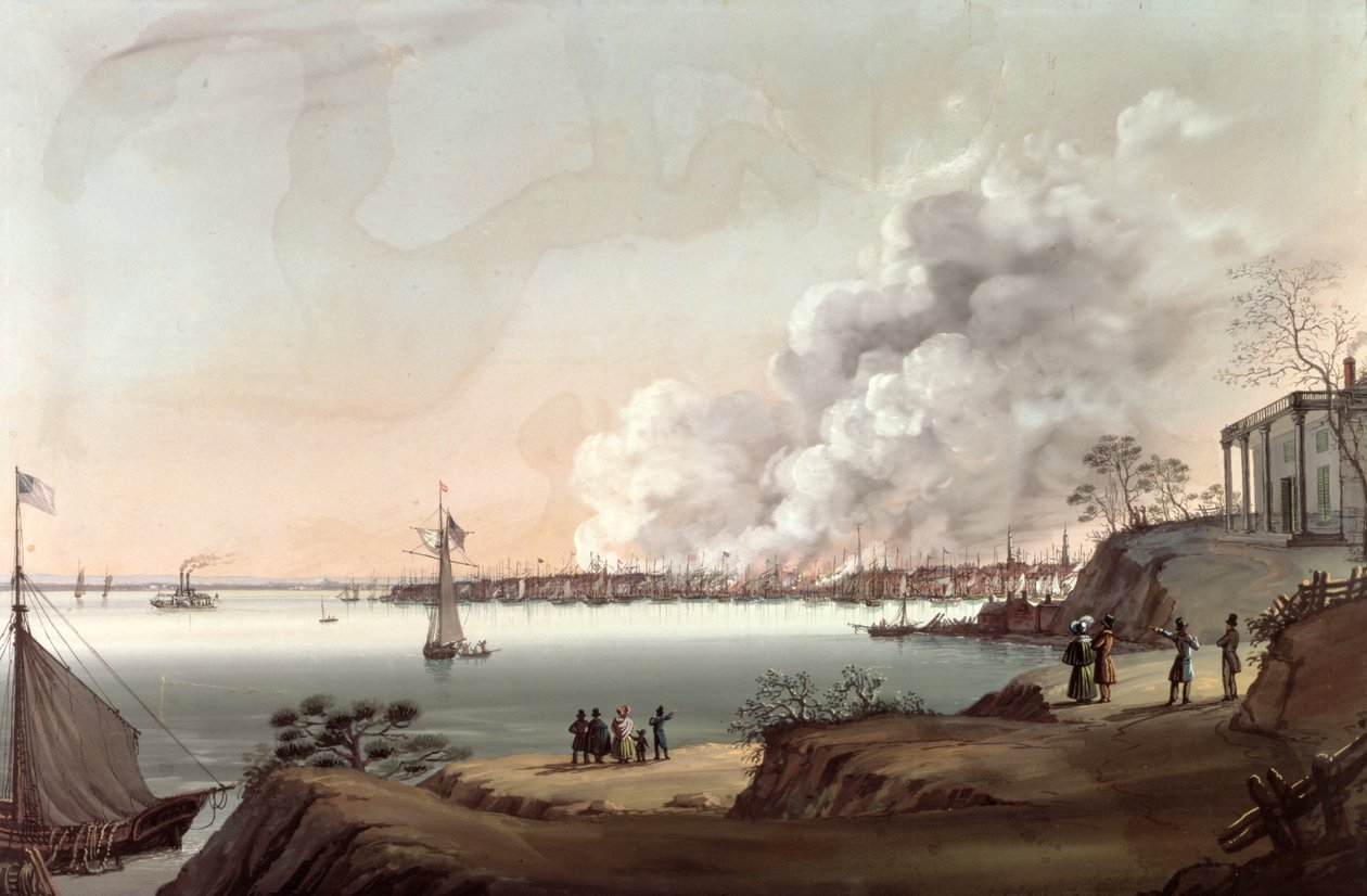 Ansicht von New York nach dem großen Brand, aufgenommen von Brooklyn, 1835 von Nicolino Calyo
