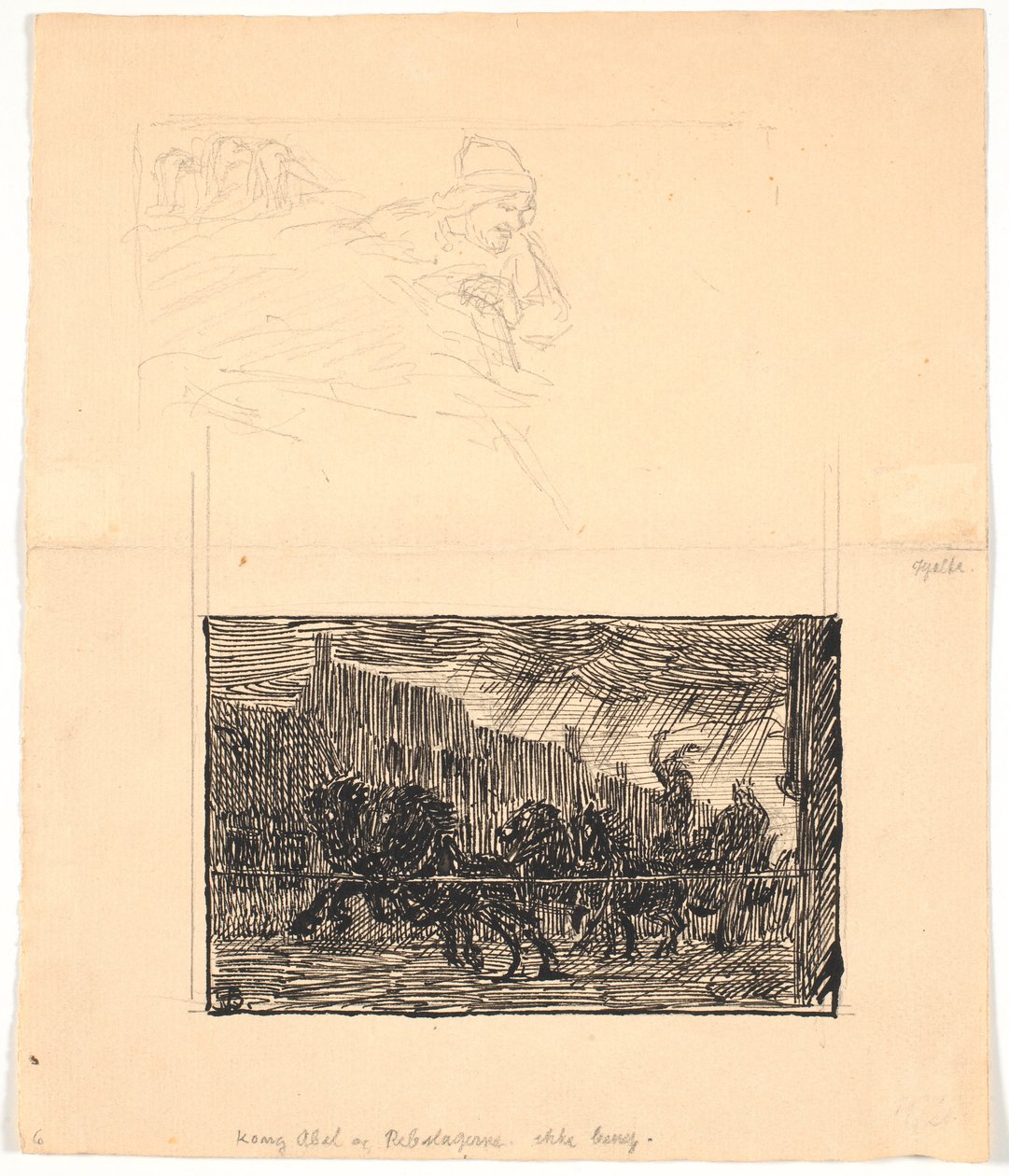 Illustrationsentwurf für Sønderjyske Folkesagn, v. F.Ohrt. F.o. Wo Sie es am wenigsten erwarten und f.n. König Abel und die Seiler von Niels Skovgaard