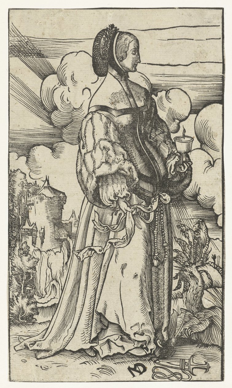 Kluge Jungfrau mit brennender Öllampe in Landschaft von Niklaus Manuel Deutsch