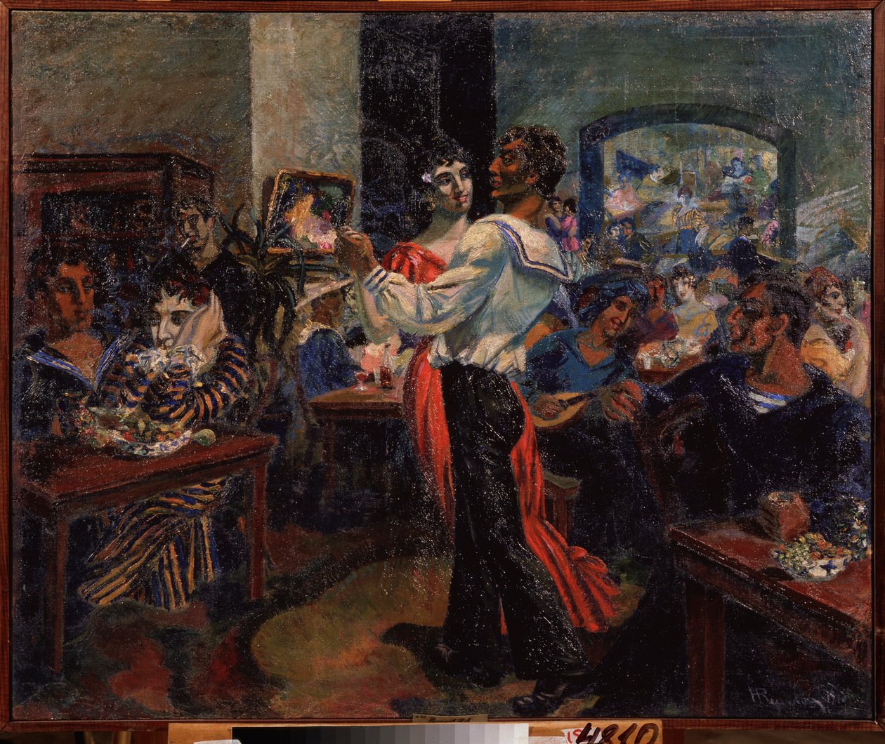 Eine Seemannskneipe. Gemälde von Nikolai Afanasyevich Rusakov (1888-1941), Öl auf Blech von Nikolai Afanasyevich Rusakov