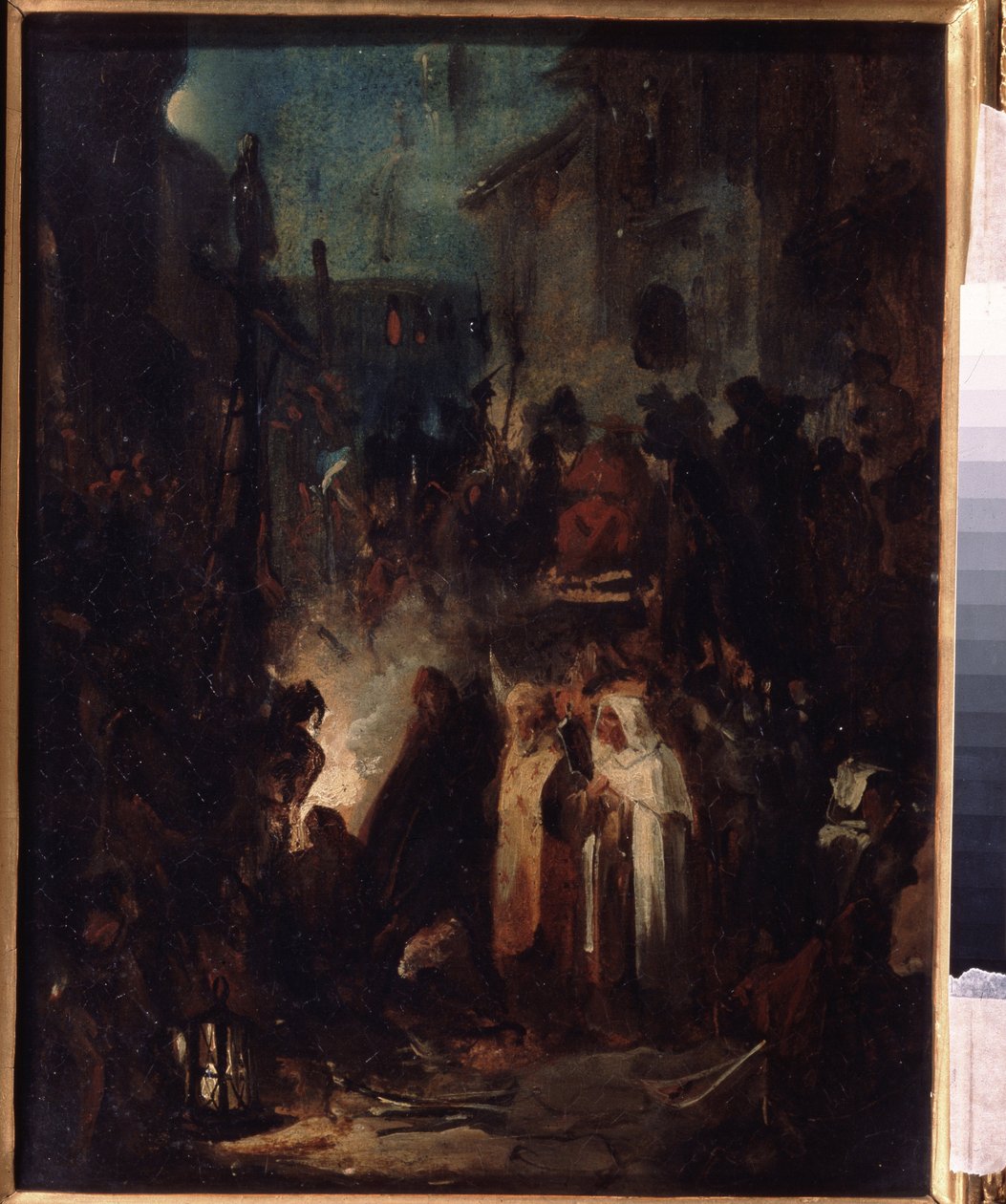 Autodafé. Straßenszene bei Nacht nach dem Urteil des Inquisitionstribunals, Werk von Nikolai Petrovich Lomtev von Nikolai Petrovich Lomtev