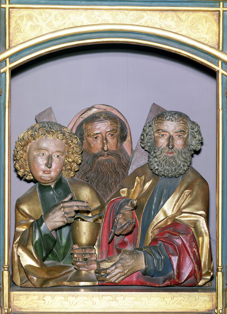 Holzschnitzereien der Heiligen Johannes, Andreas und Petrus, aus der Predella des Isenheimer Altars, ca. 1490 von Nikolaus Hagenauer