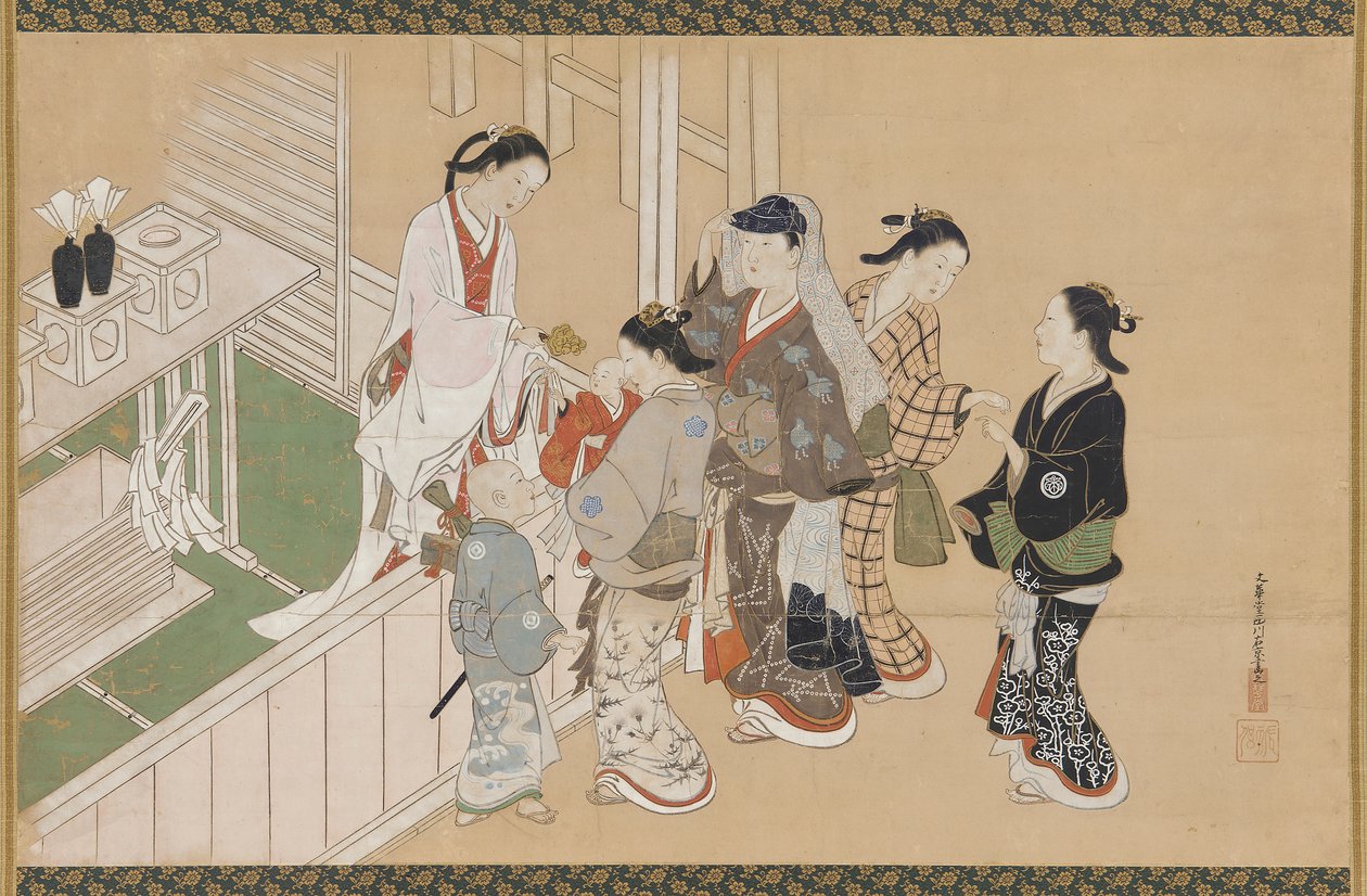 Erster Besuch eines Säuglings in einem Shinto-Schrein, Edo-Zeit, spätes 17. bis frühes 18. Jahrhundert von Nishikawa Sukenobu