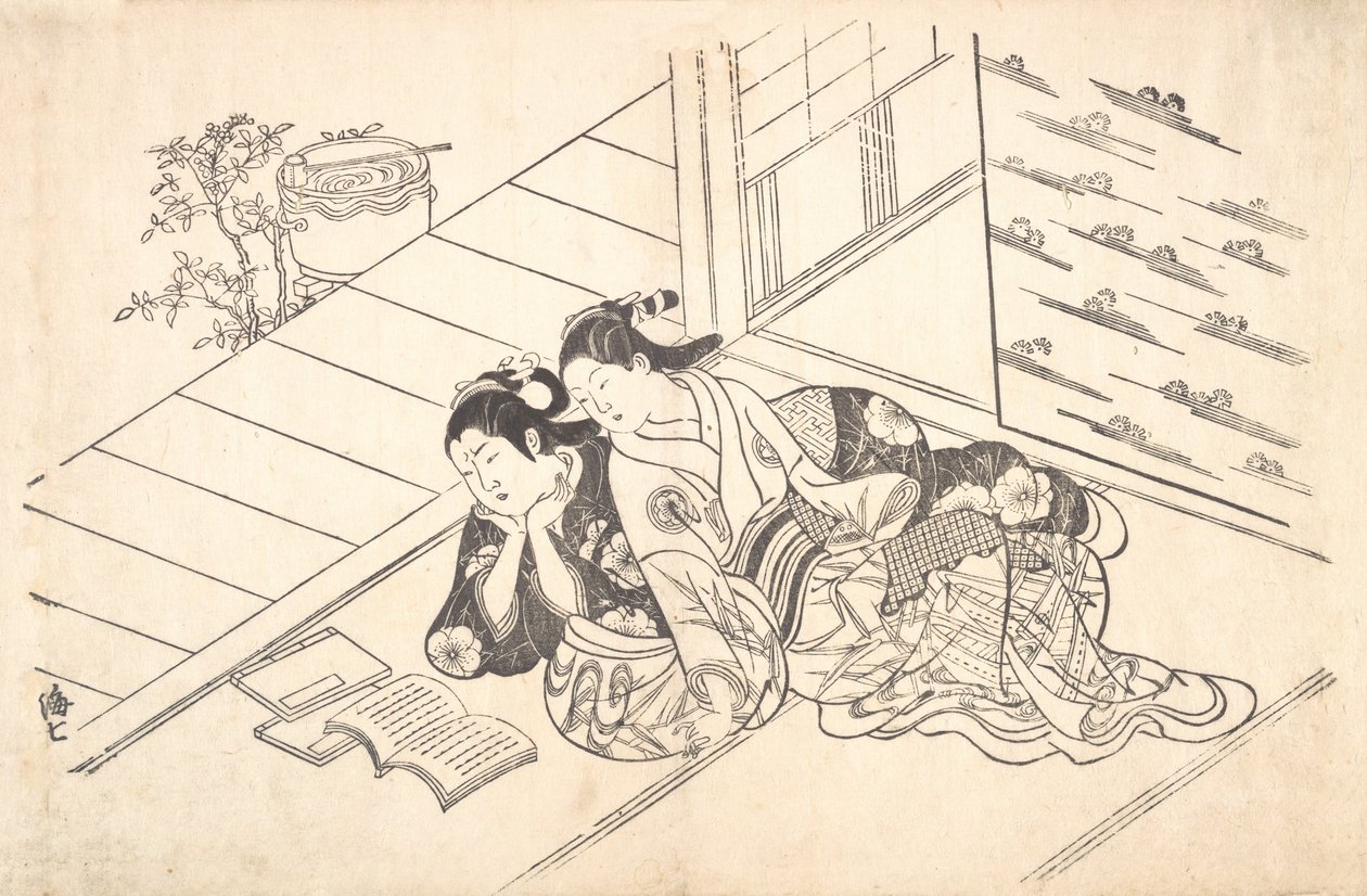 Zwei Frauen, die auf dem Boden eines Zimmers liegen und ein Buch lesen, ca. 1730 von Nishikawa Sukenobu