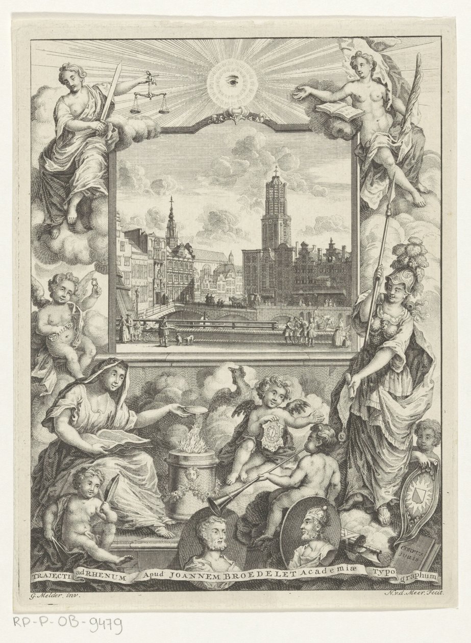 Stadtansicht mit Domkirche in Utrecht und Allegorie mit Utrechter Stadtjungfrau von Noach van der Meer (I)
